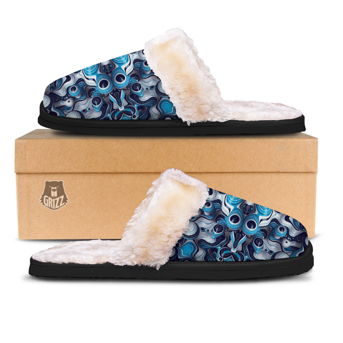 Abstract Wavy Bubbles Blue White Print Pattern Slippers-grizzshop