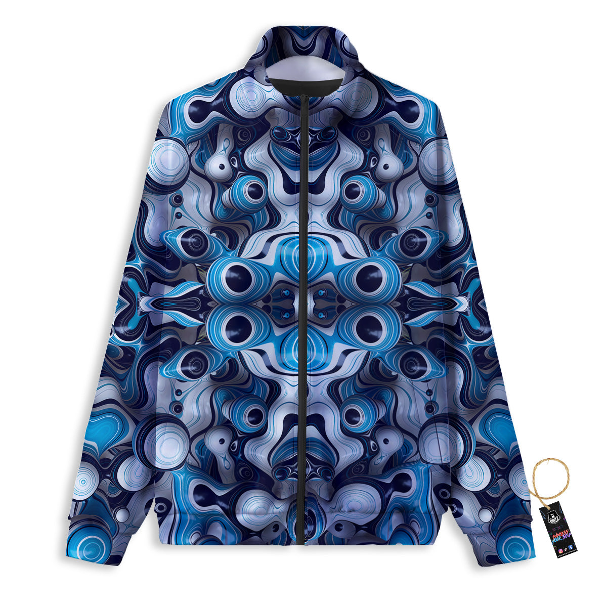 Abstract Wavy Bubbles Blue White Print Pattern Track Jacket-grizzshop