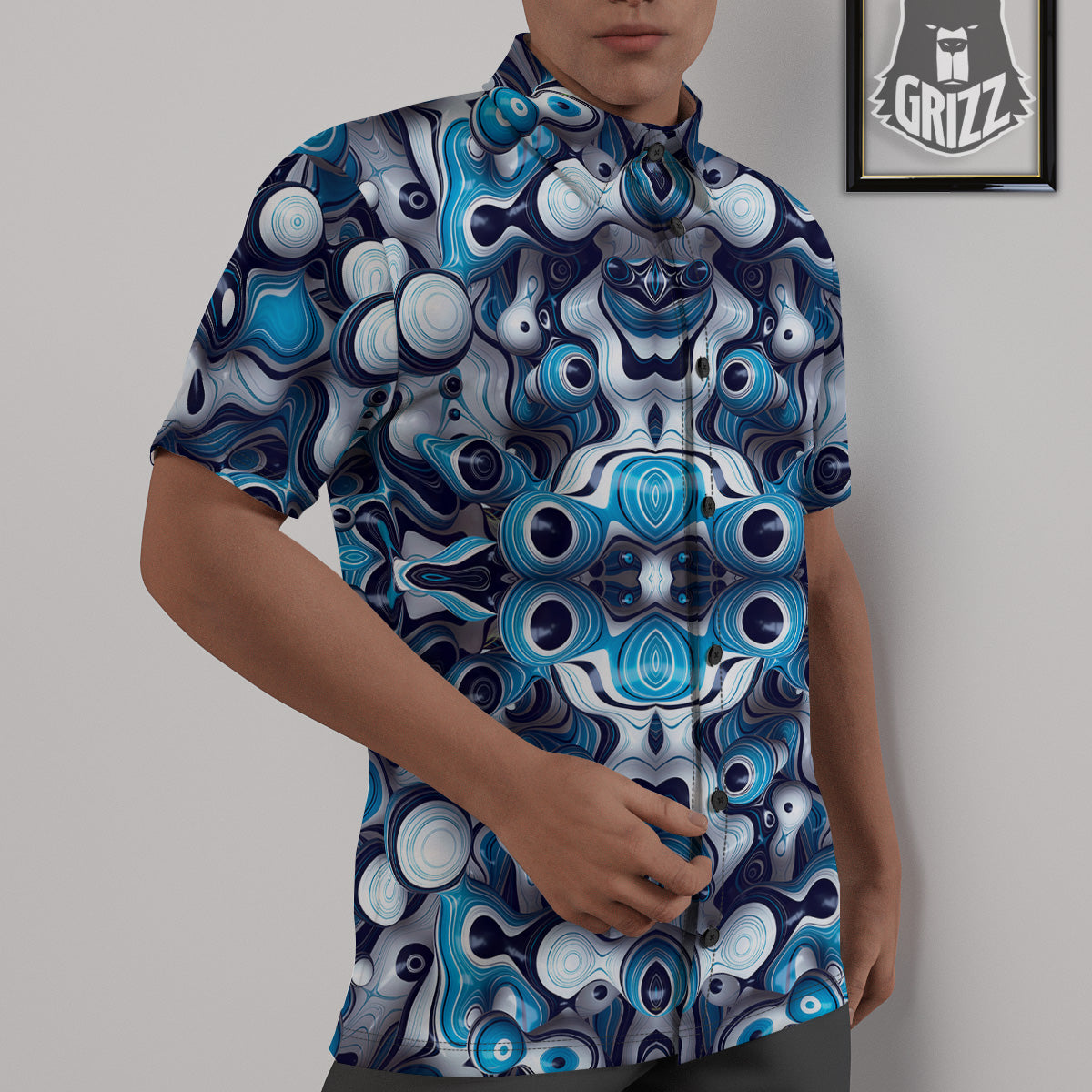 Abstract Wavy Bubbles Blue White Print Pattern Untucked Shirts-grizzshop