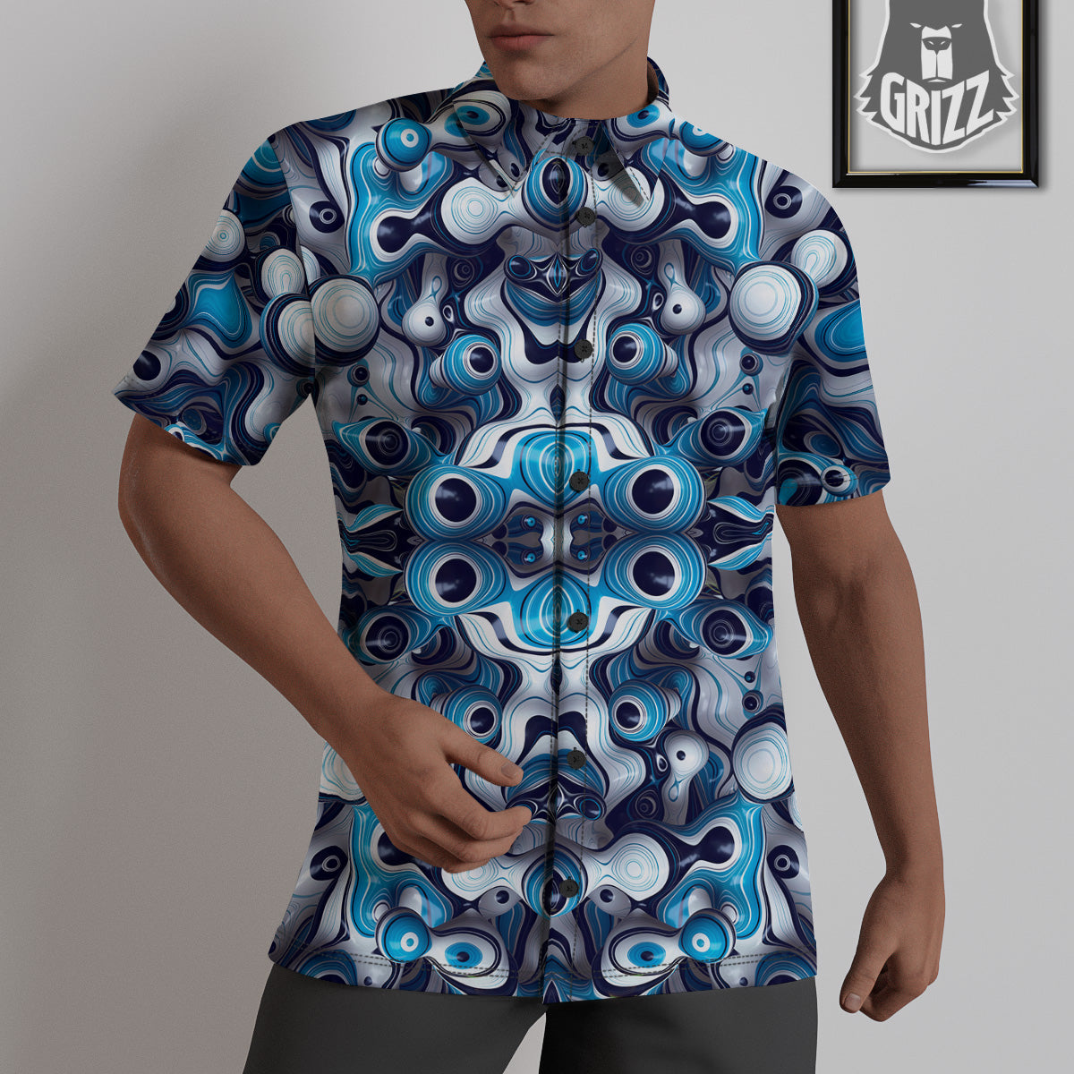 Abstract Wavy Bubbles Blue White Print Pattern Untucked Shirts-grizzshop