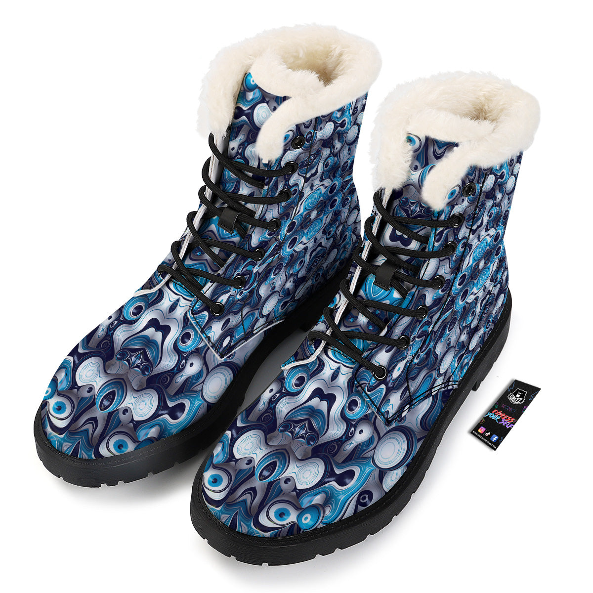 Abstract Wavy Bubbles Blue White Print Pattern Winter Boots-grizzshop
