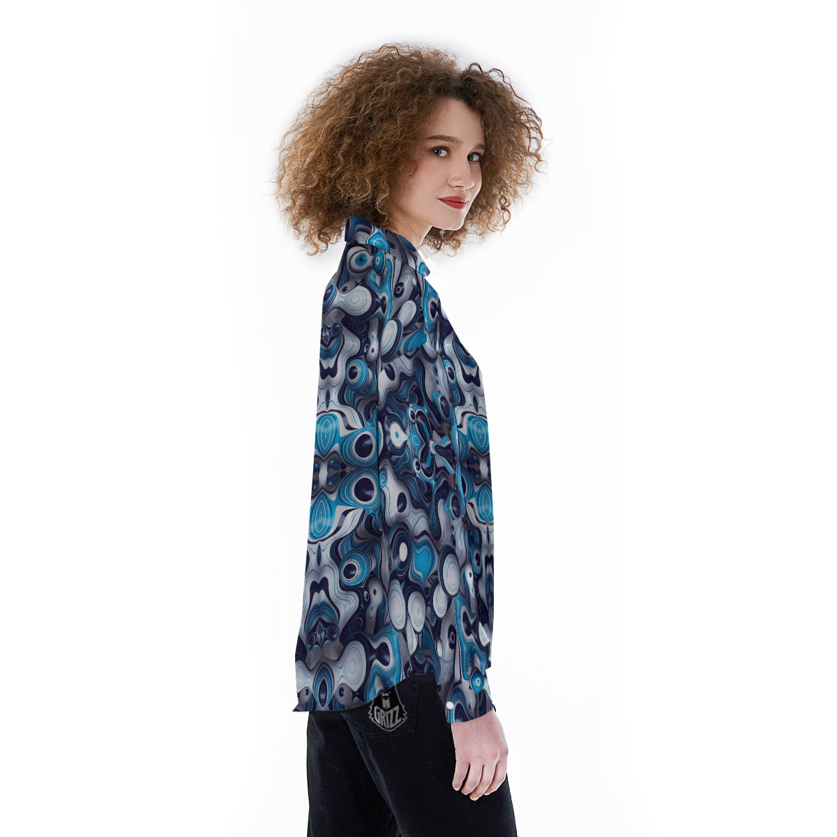 Abstract Wavy Bubbles Blue White Print Pattern Women's Long Sleeve Shirts-grizzshop