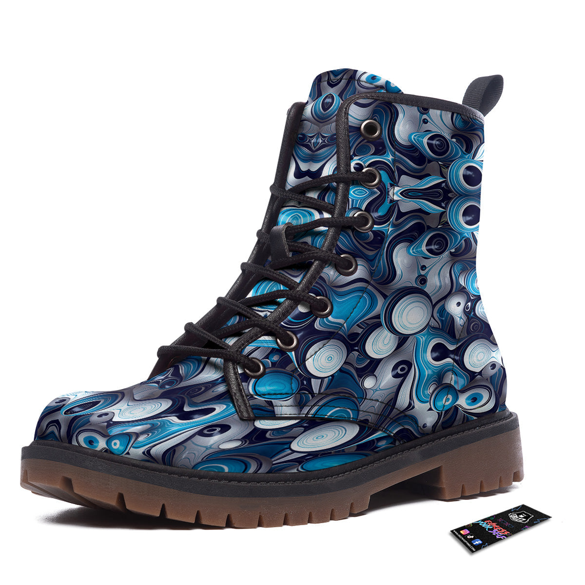 Abstract Wavy Bubbles Blue White Print Pattern Work Boots-grizzshop