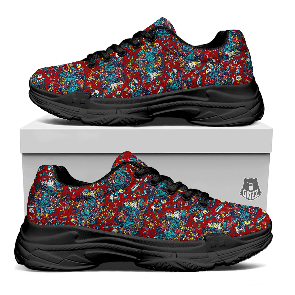 Abstract Wolf Fairy Tale Tattoo Print Pattern Black Chunky Shoes-grizzshop