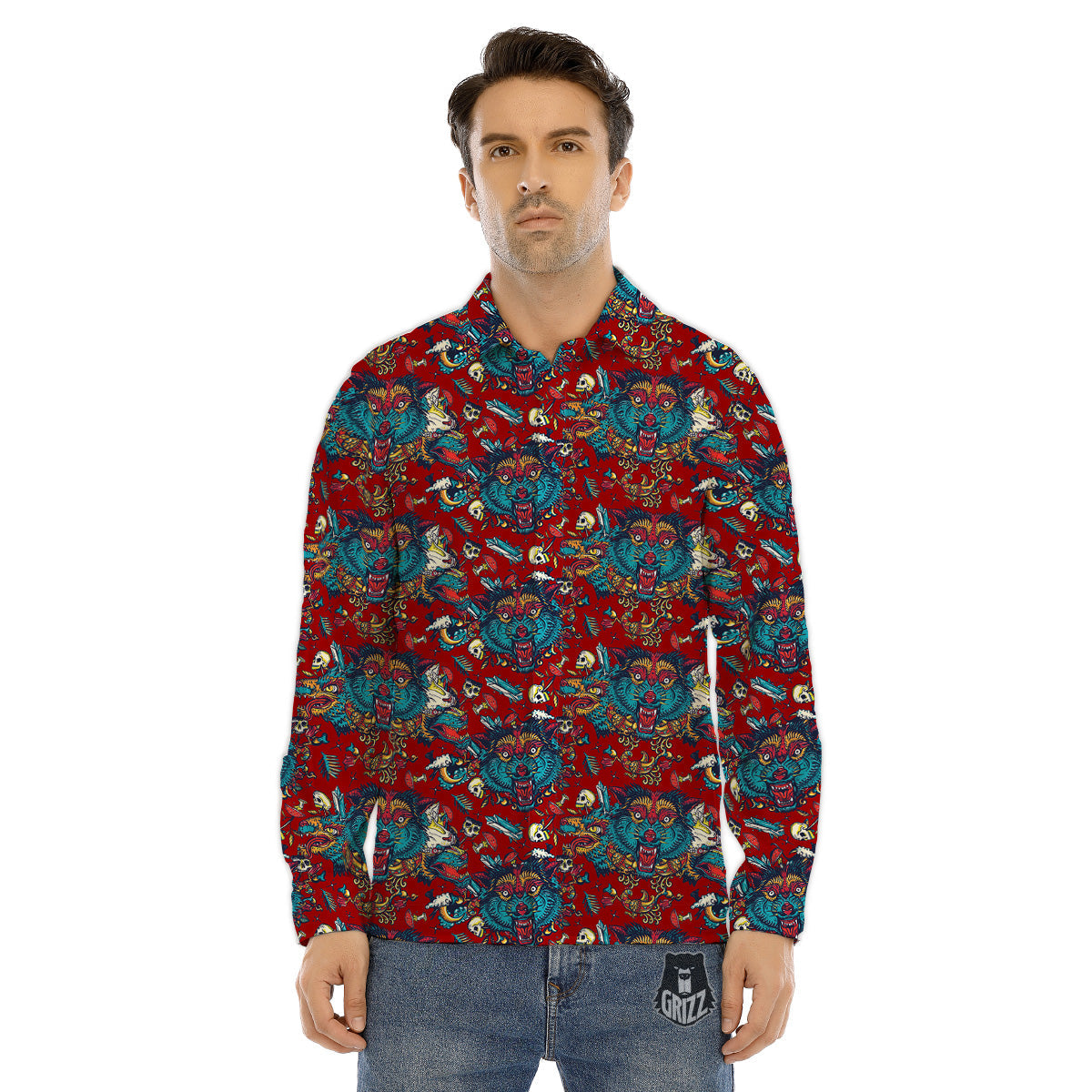 Abstract Wolf Fairy Tale Tattoo Print Pattern Men's Dress Shirts-grizzshop