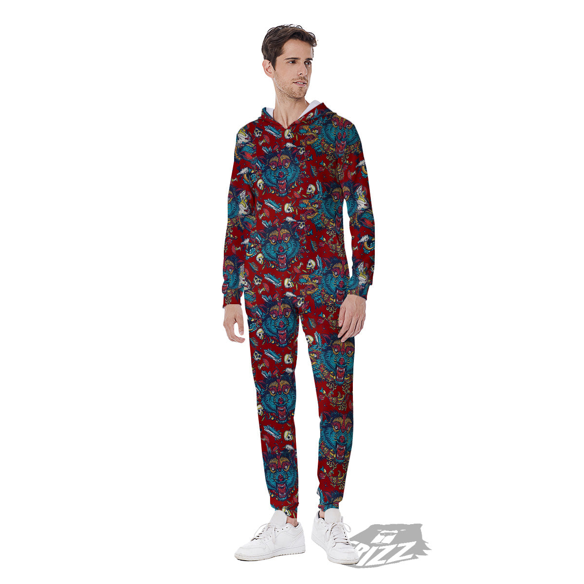Abstract Wolf Fairy Tale Tattoo Print Pattern Men's Jumpsuit-grizzshop