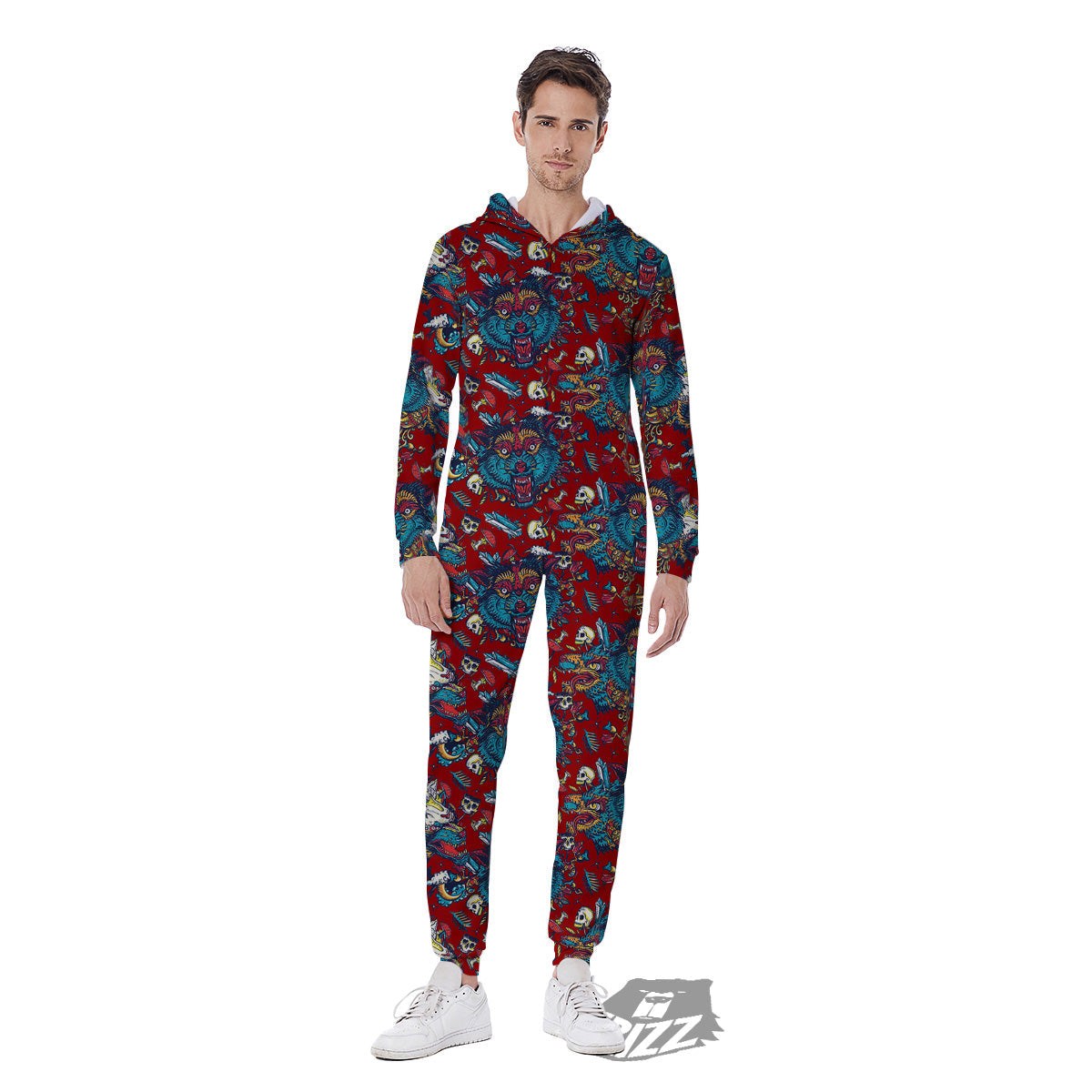 Abstract Wolf Fairy Tale Tattoo Print Pattern Men's Jumpsuit-grizzshop