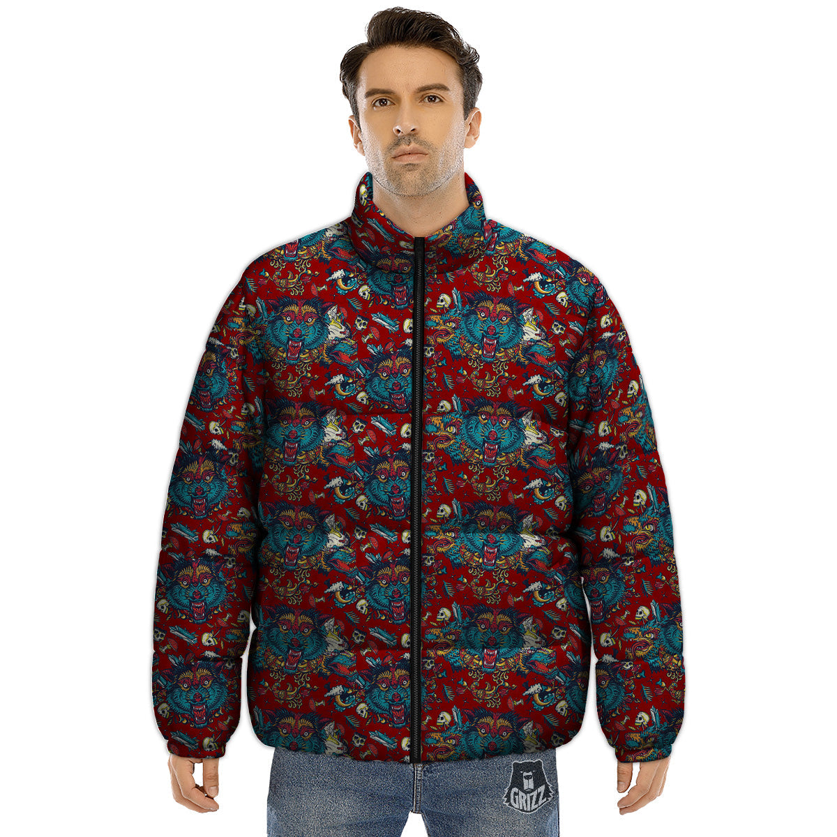 Abstract Wolf Fairy Tale Tattoo Print Pattern Puffer Jacket-grizzshop