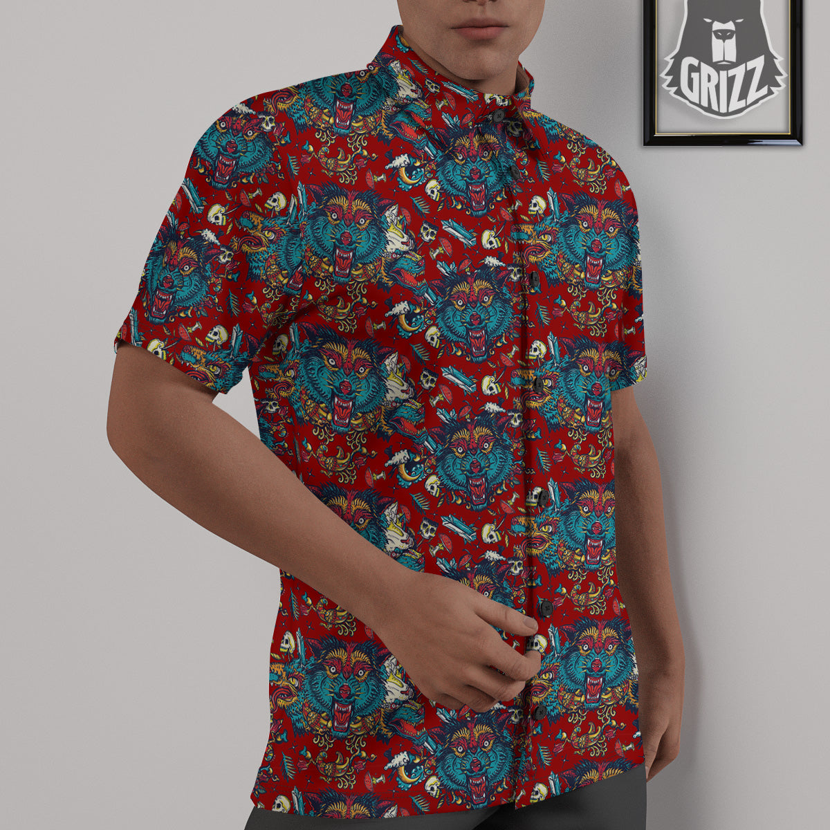 Abstract Wolf Fairy Tale Tattoo Print Pattern Untucked Shirts-grizzshop
