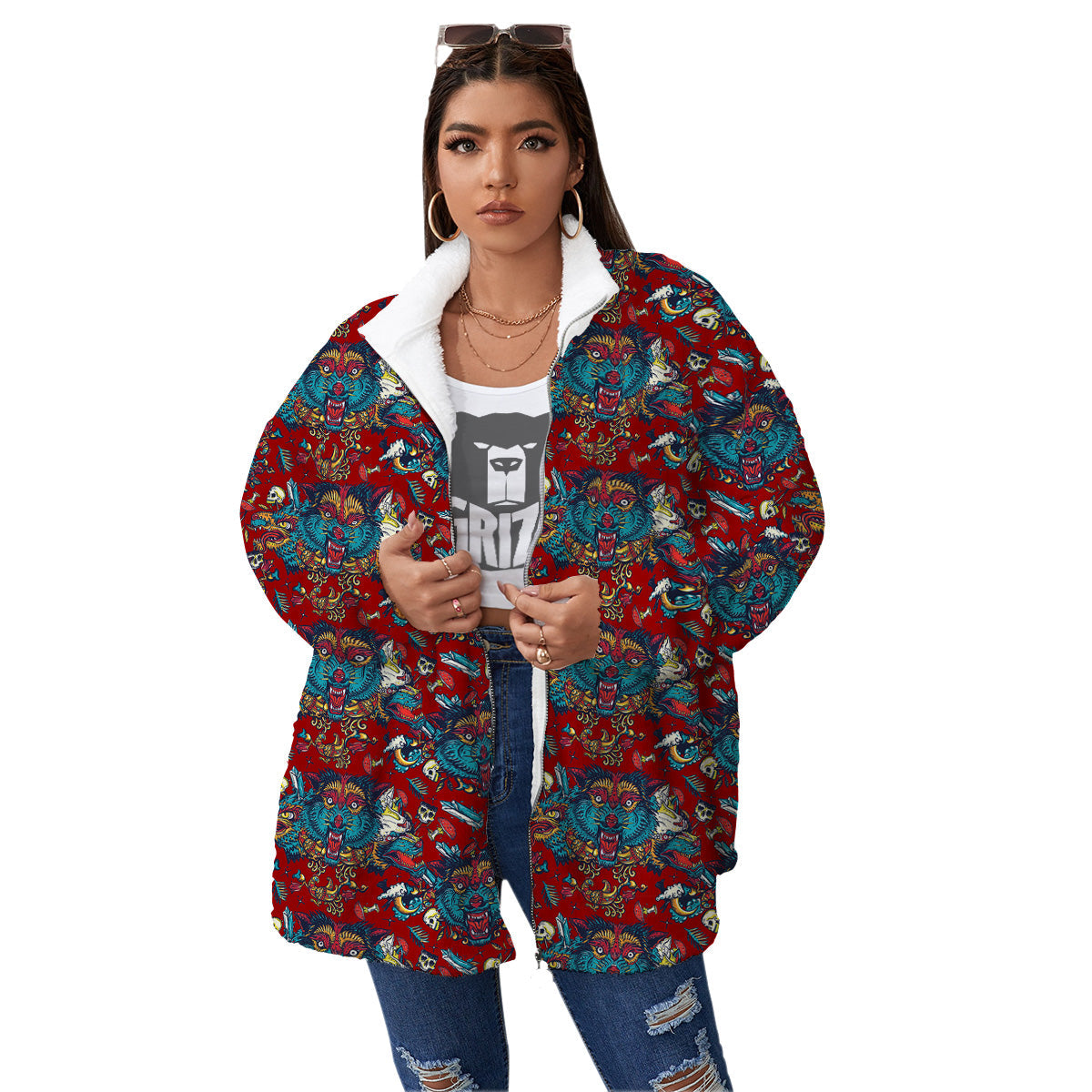 Abstract Wolf Fairy Tale Tattoo Print Pattern Women's Sherpa Jacket-grizzshop