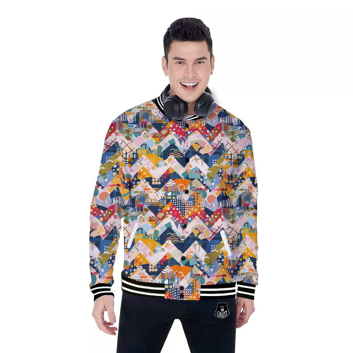 Abstract Zigzag Colorful Graffiti Style Print Pattern Baseball Jacket-grizzshop