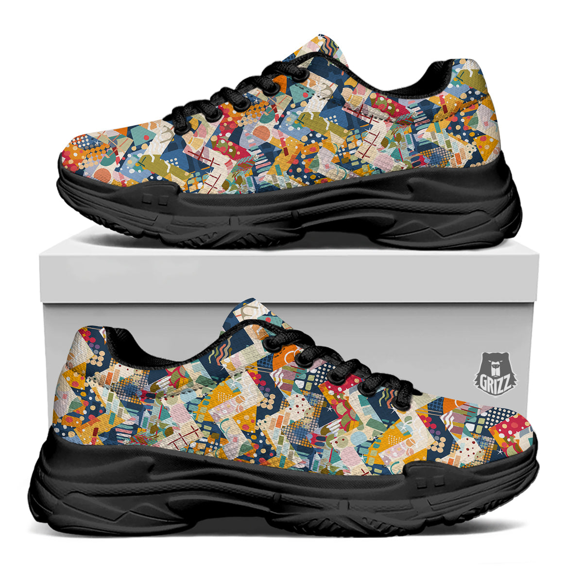 Abstract Zigzag Colorful Graffiti Style Print Pattern Black Chunky Shoes-grizzshop