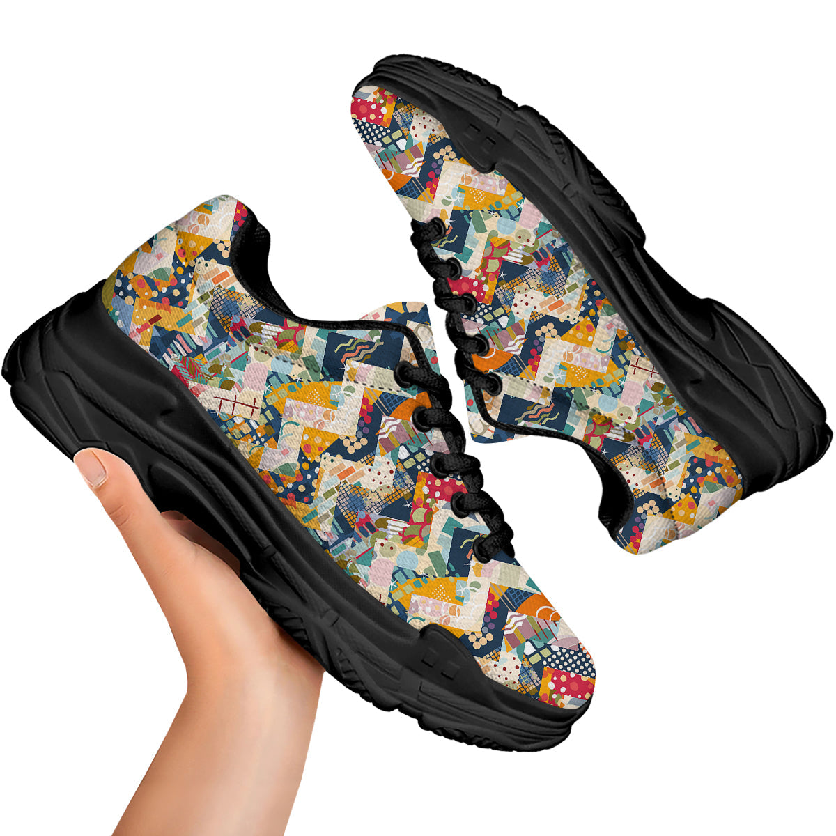 Abstract Zigzag Colorful Graffiti Style Print Pattern Black Chunky Shoes-grizzshop