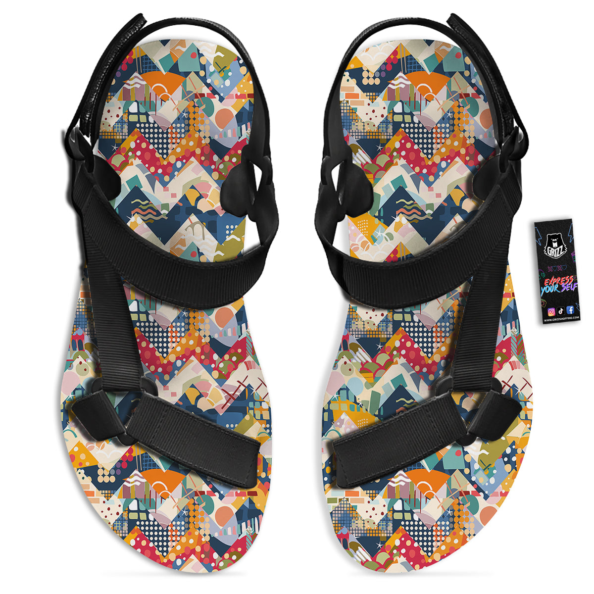 Abstract Zigzag Colorful Graffiti Style Print Pattern Black Open Toe Sandals-grizzshop