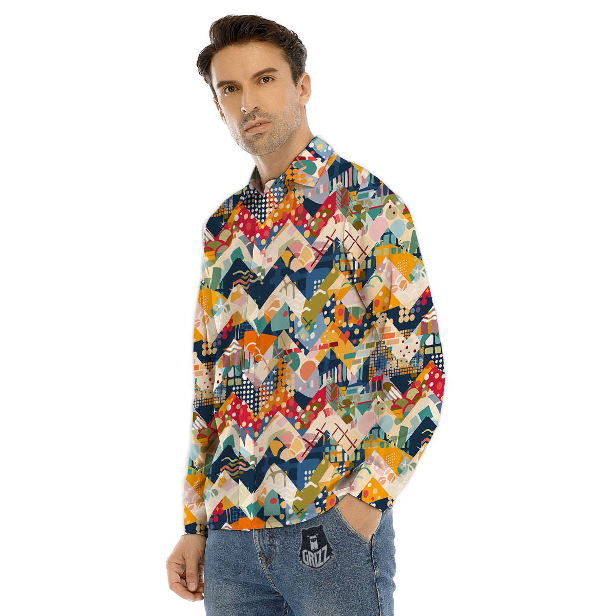 Abstract Zigzag Colorful Graffiti Style Print Pattern Men's Dress Shirts-grizzshop