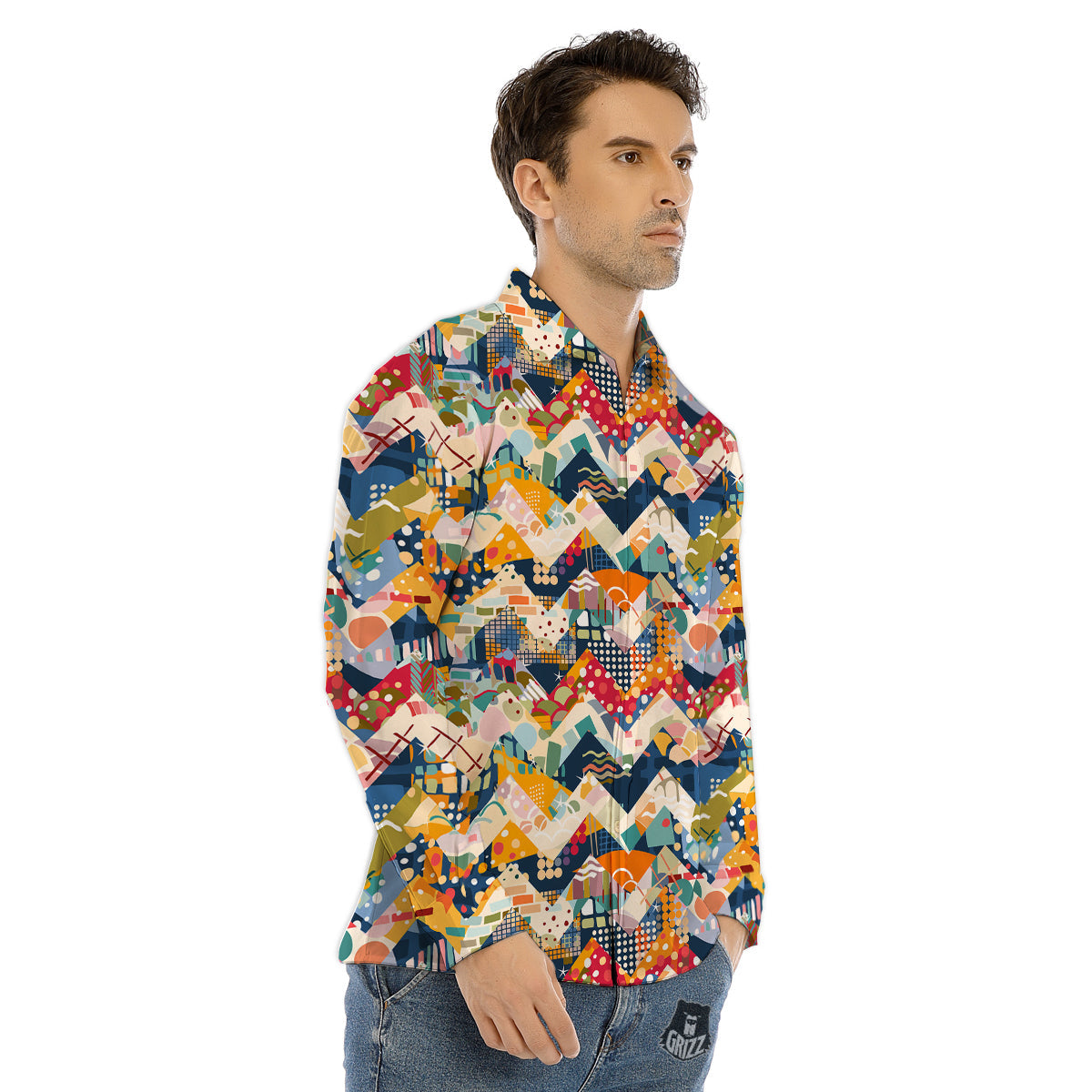 Abstract Zigzag Colorful Graffiti Style Print Pattern Men's Dress Shirts-grizzshop