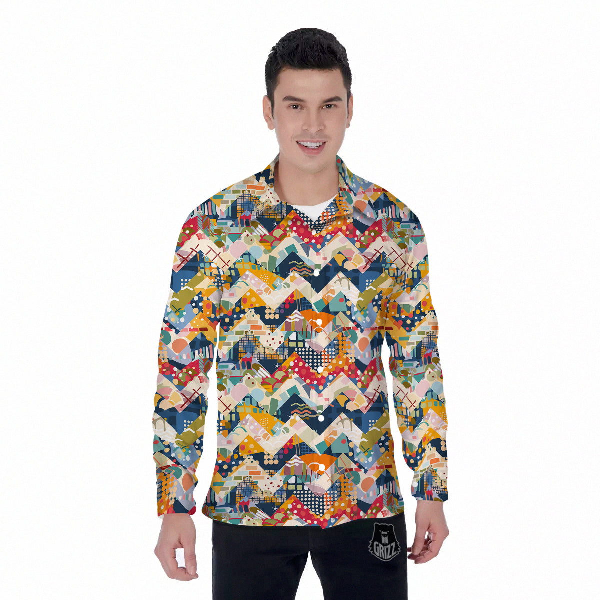 Abstract Zigzag Colorful Graffiti Style Print Pattern Men's Long Sleeve Shirts-grizzshop