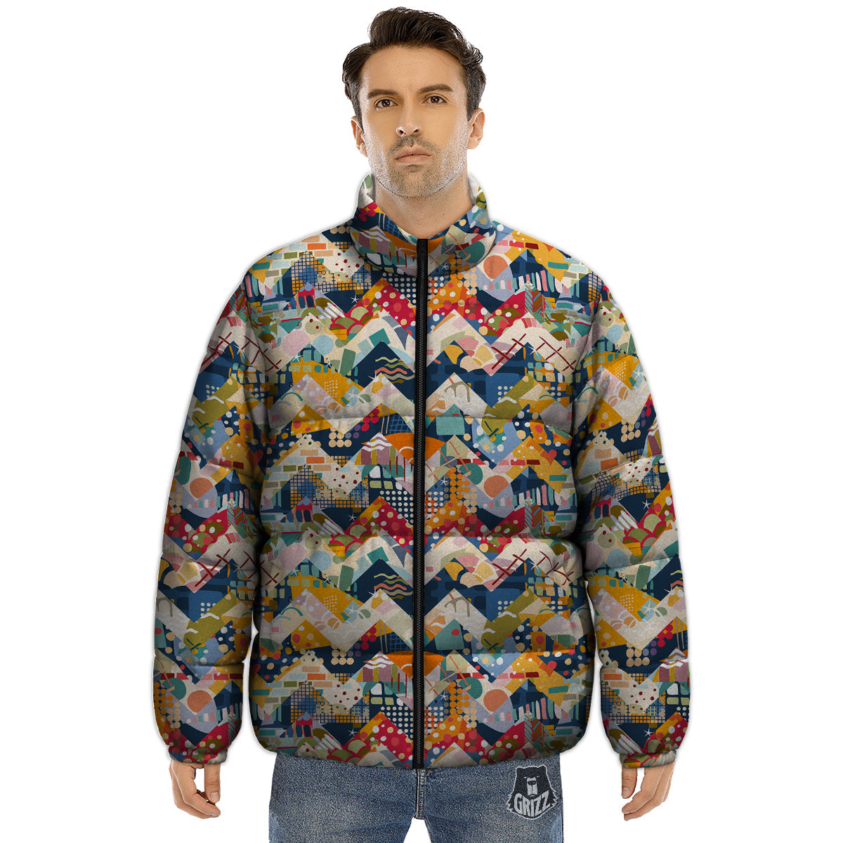 Abstract Zigzag Colorful Graffiti Style Print Pattern Puffer Jacket-grizzshop