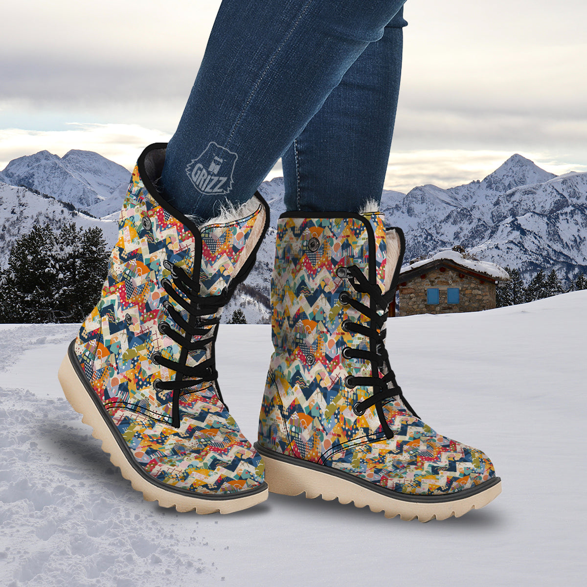 Abstract Zigzag Colorful Graffiti Style Print Pattern Snow Boots-grizzshop