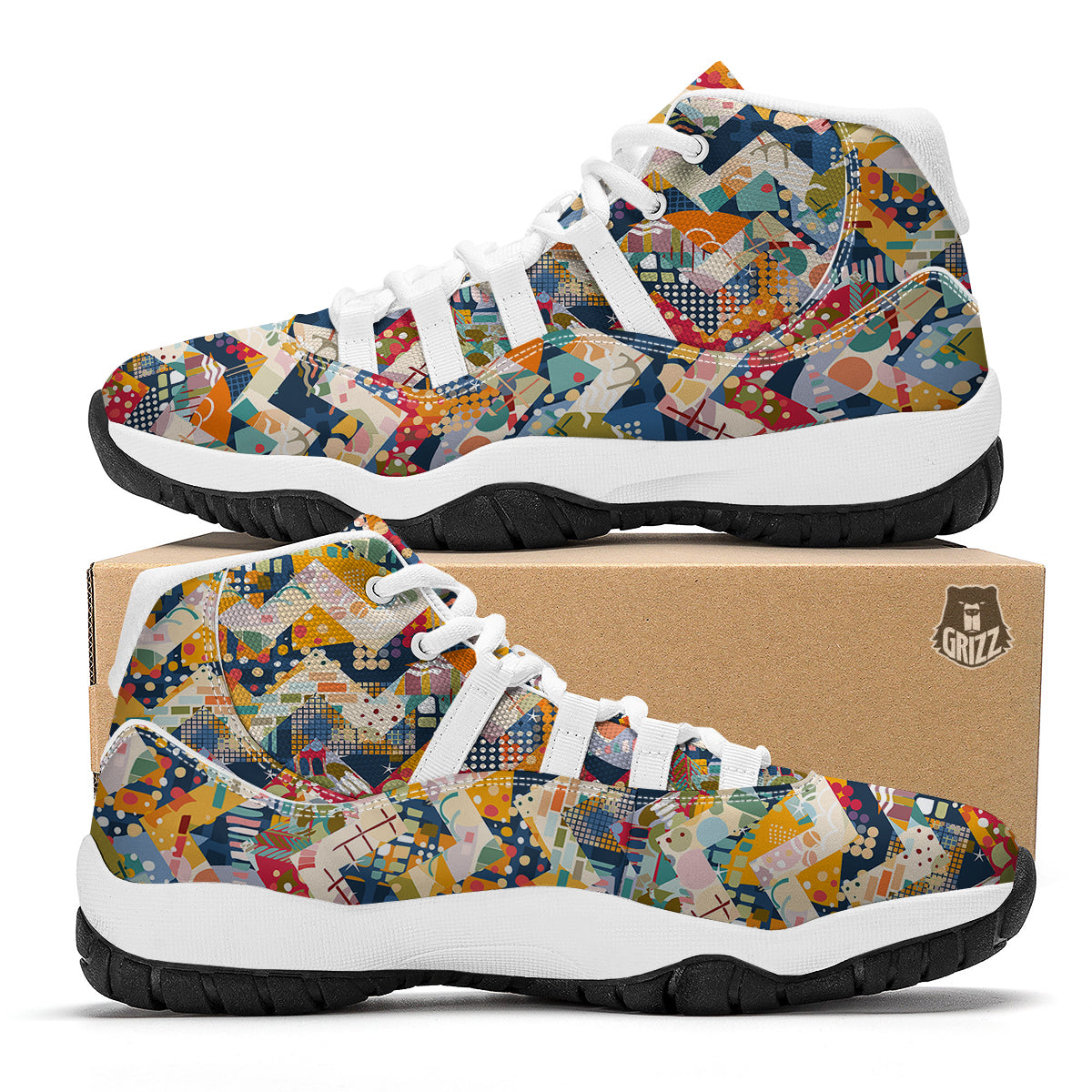 Abstract Zigzag Colorful Graffiti Style Print Pattern White Bball Shoes-grizzshop