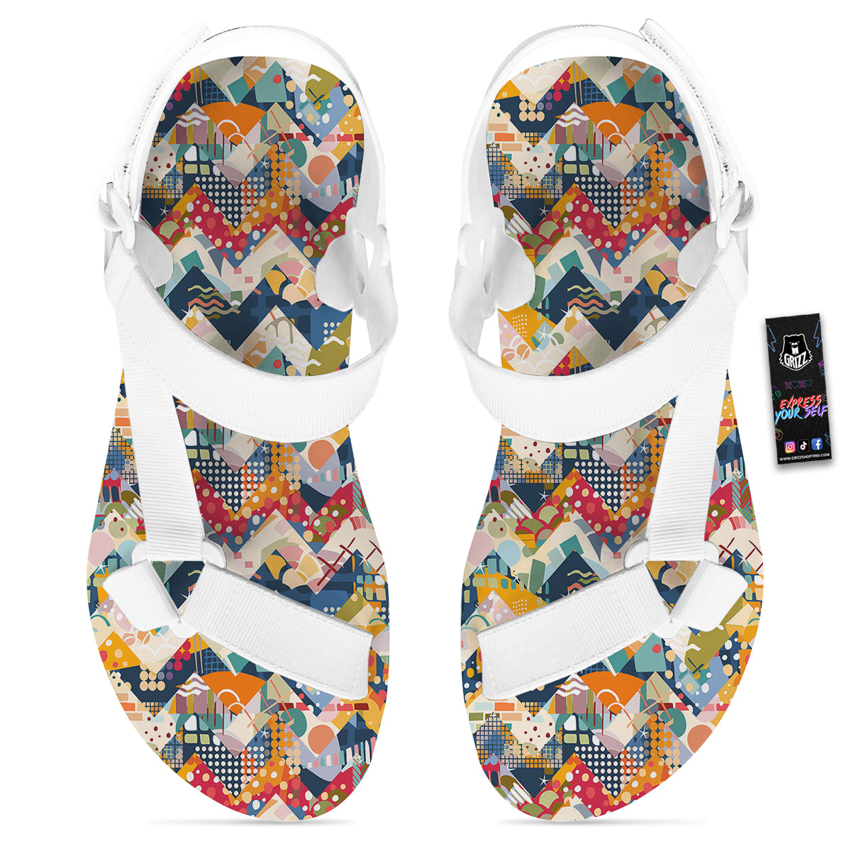 Abstract Zigzag Colorful Graffiti Style Print Pattern White Open Toe Sandals-grizzshop