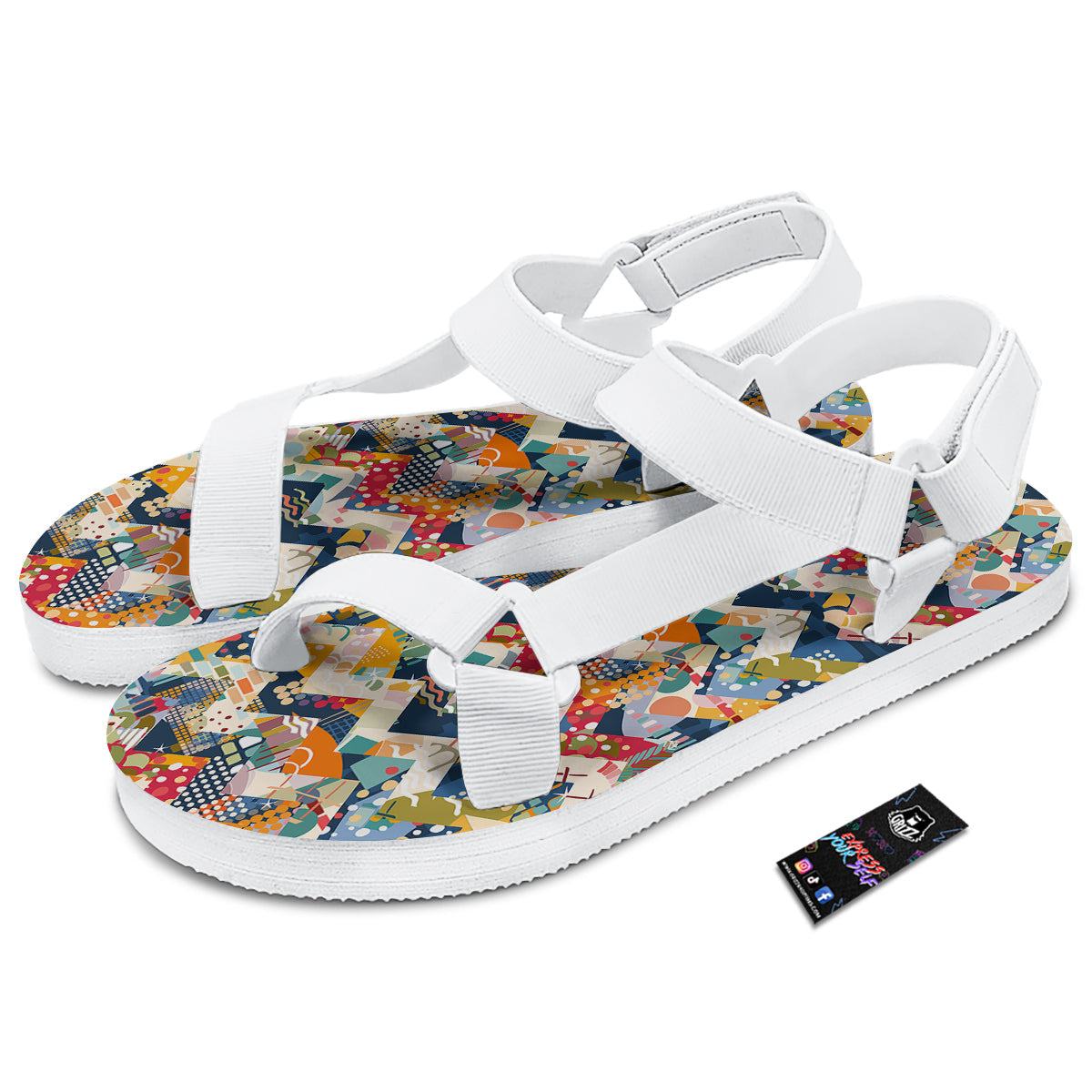 Abstract Zigzag Colorful Graffiti Style Print Pattern White Open Toe Sandals-grizzshop