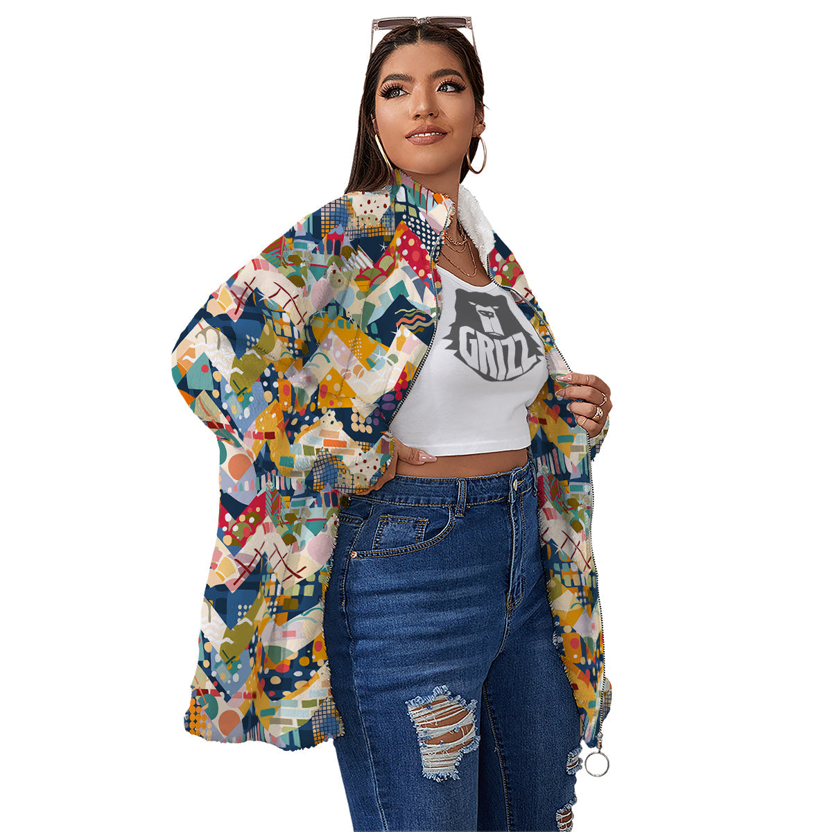 Abstract Zigzag Colorful Graffiti Style Print Pattern Women's Sherpa Jacket-grizzshop