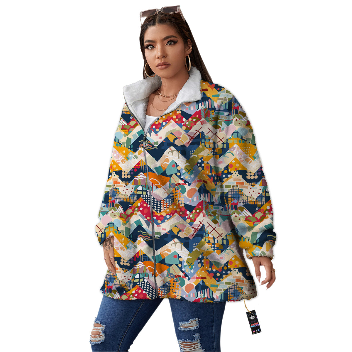 Abstract Zigzag Colorful Graffiti Style Print Pattern Women's Sherpa Jacket-grizzshop