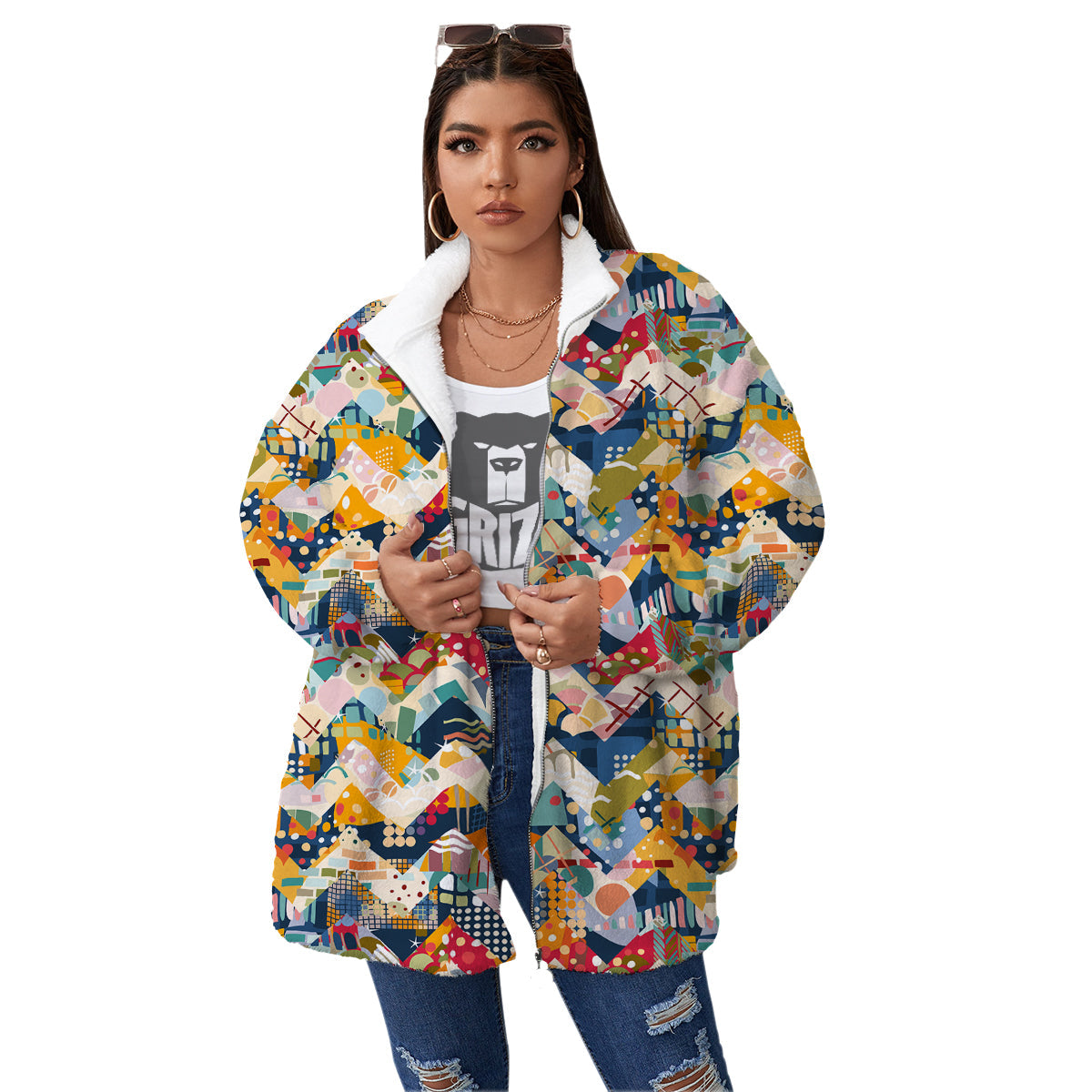 Abstract Zigzag Colorful Graffiti Style Print Pattern Women's Sherpa Jacket-grizzshop