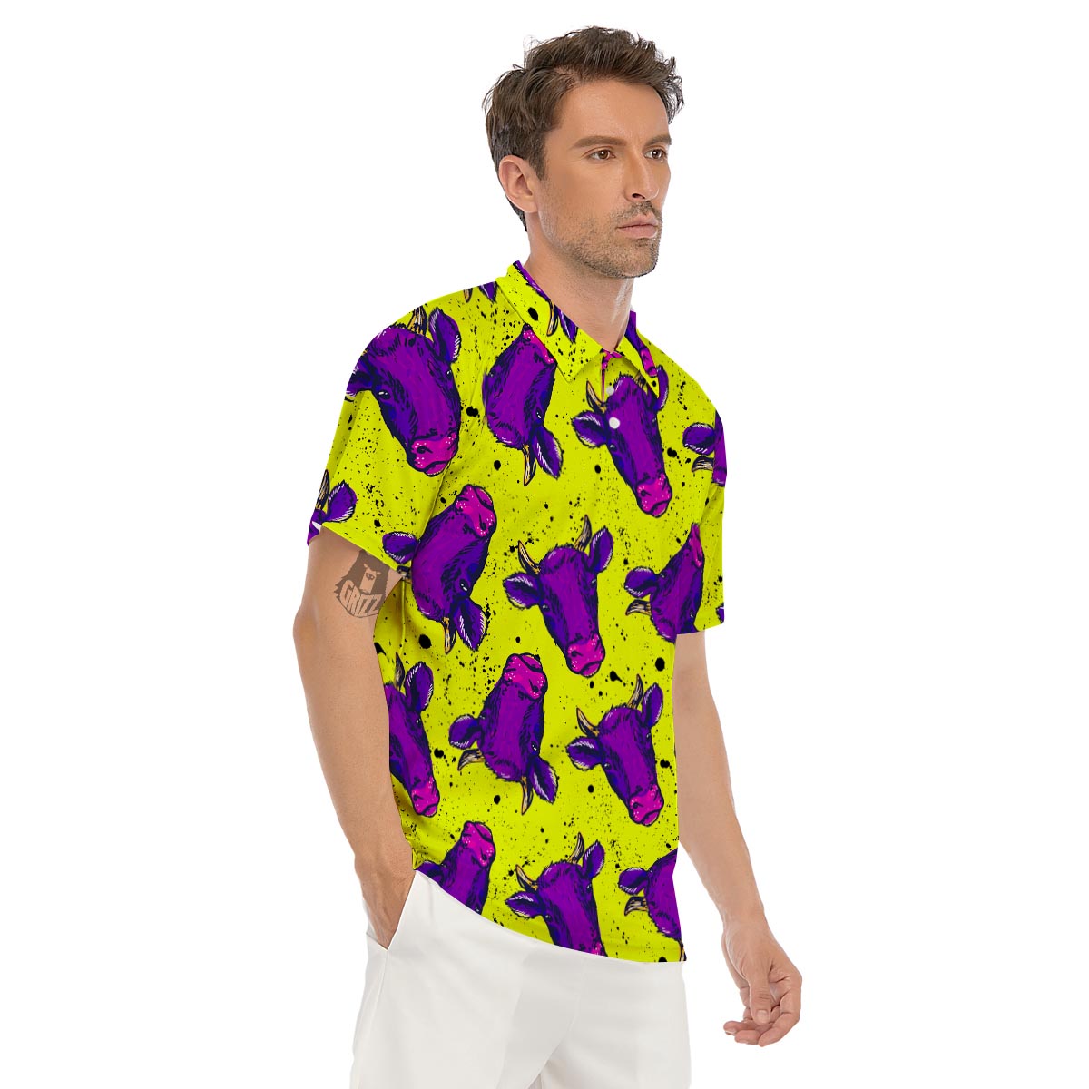 Abstract Neon Cow Print Men's Golf Shirts-grizzshop