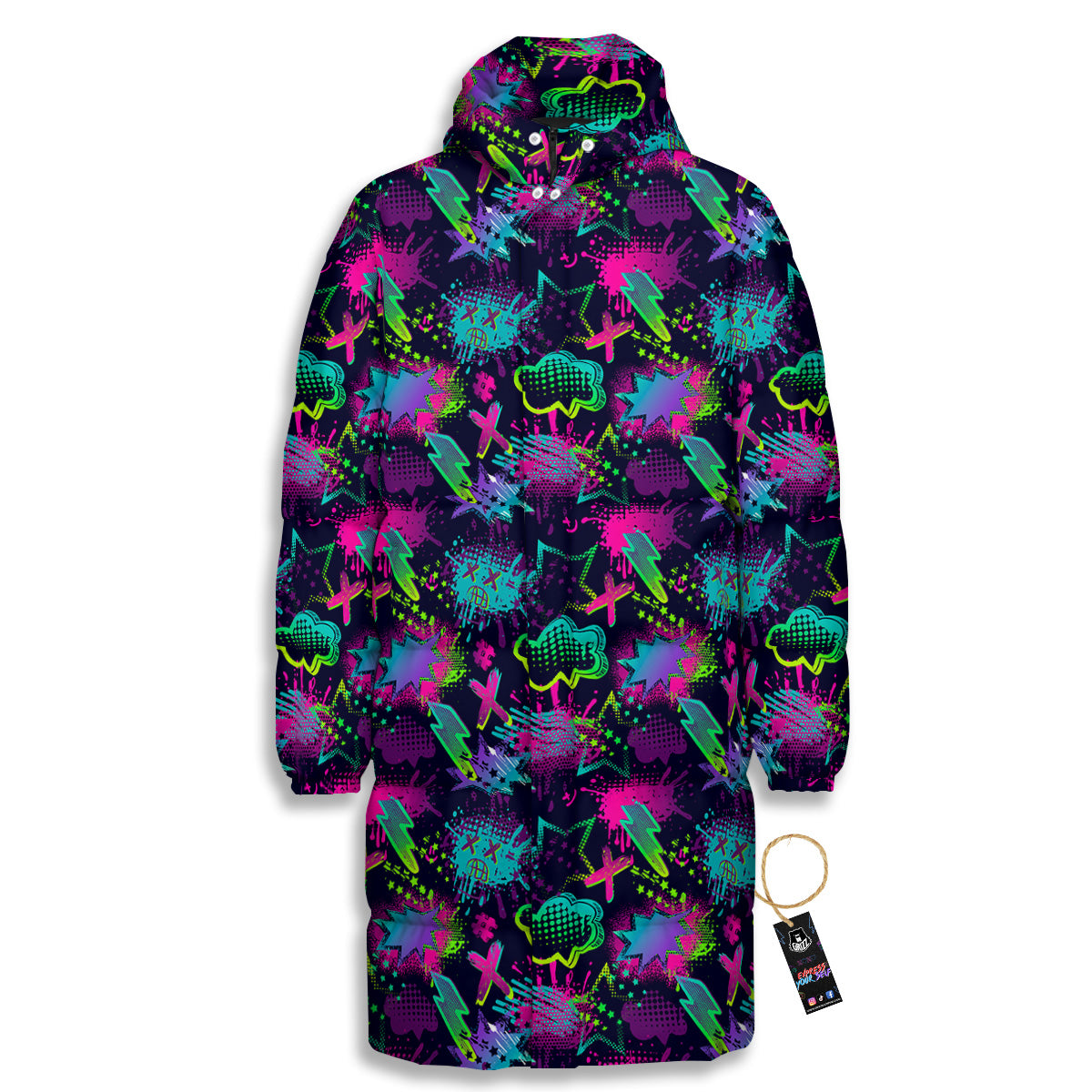 Abstract Graffiti Emoji Print Pattern Long Down Jacket-grizzshop