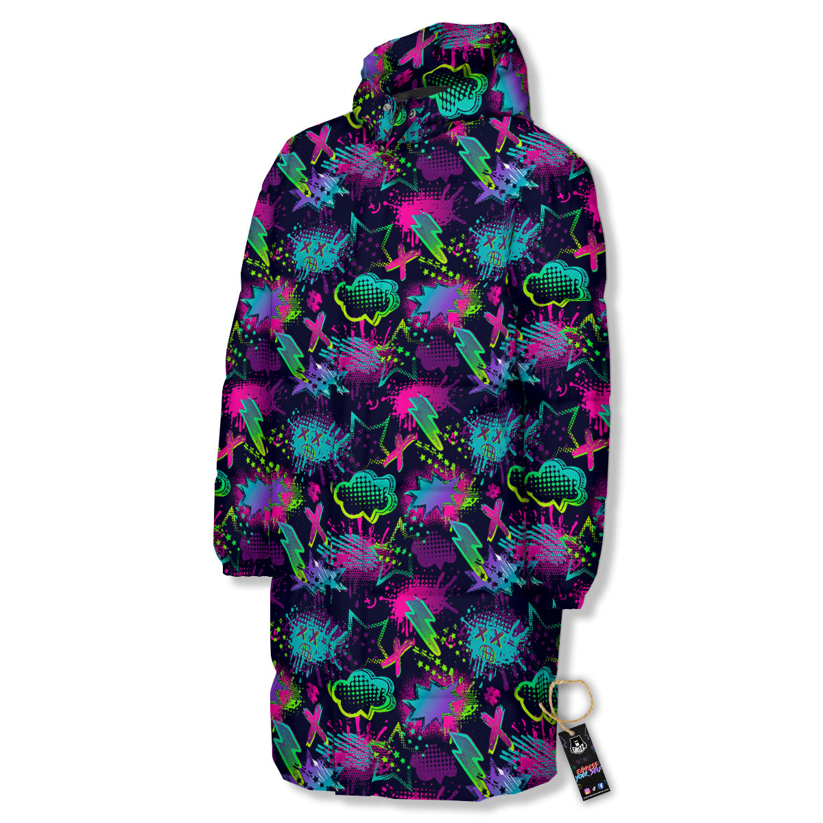 Abstract Graffiti Emoji Print Pattern Long Down Jacket-grizzshop