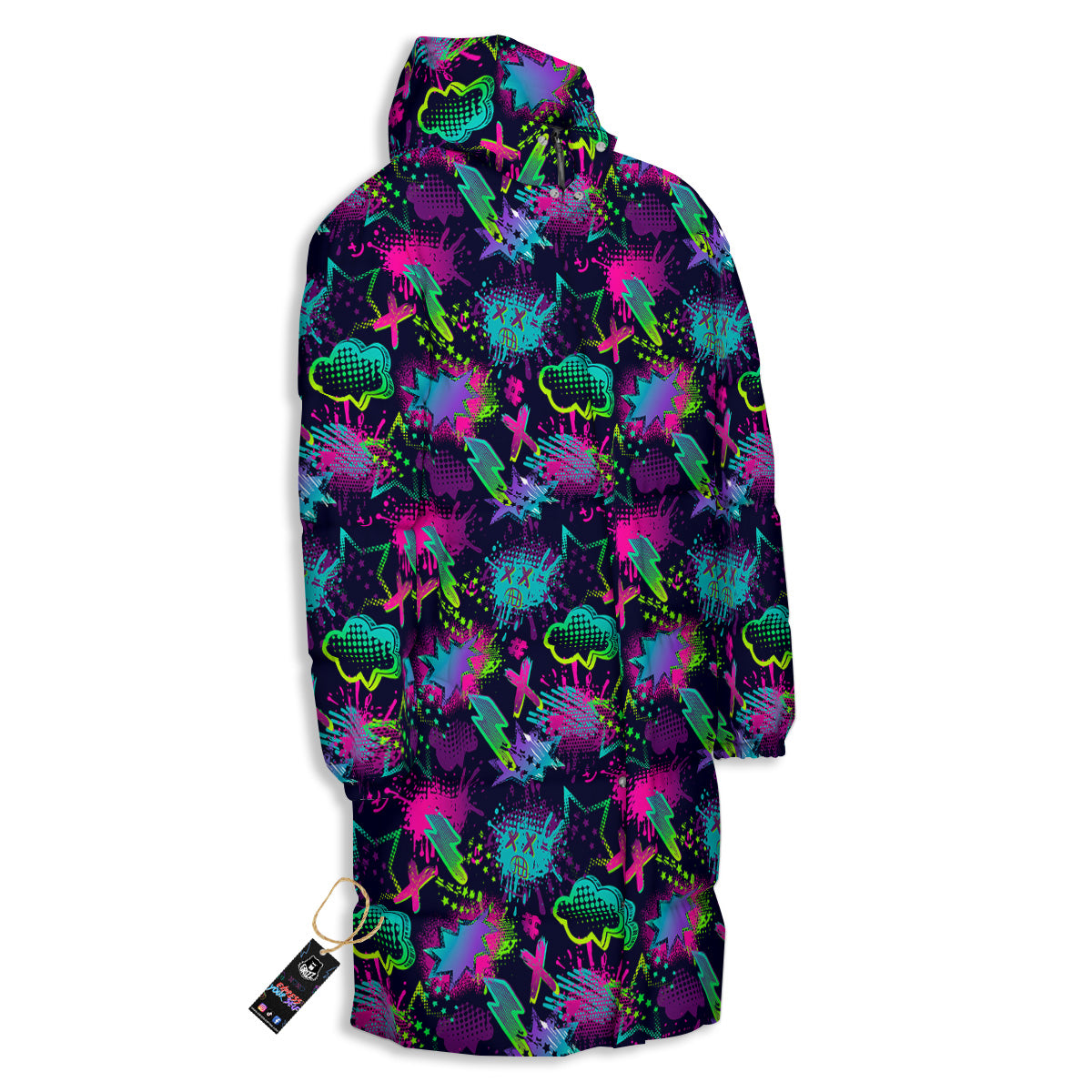 Abstract Graffiti Emoji Print Pattern Long Down Jacket-grizzshop