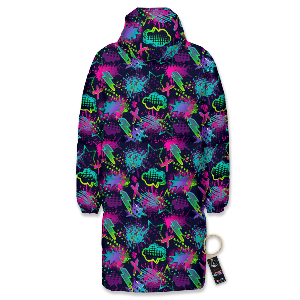 Abstract Graffiti Emoji Print Pattern Long Down Jacket-grizzshop