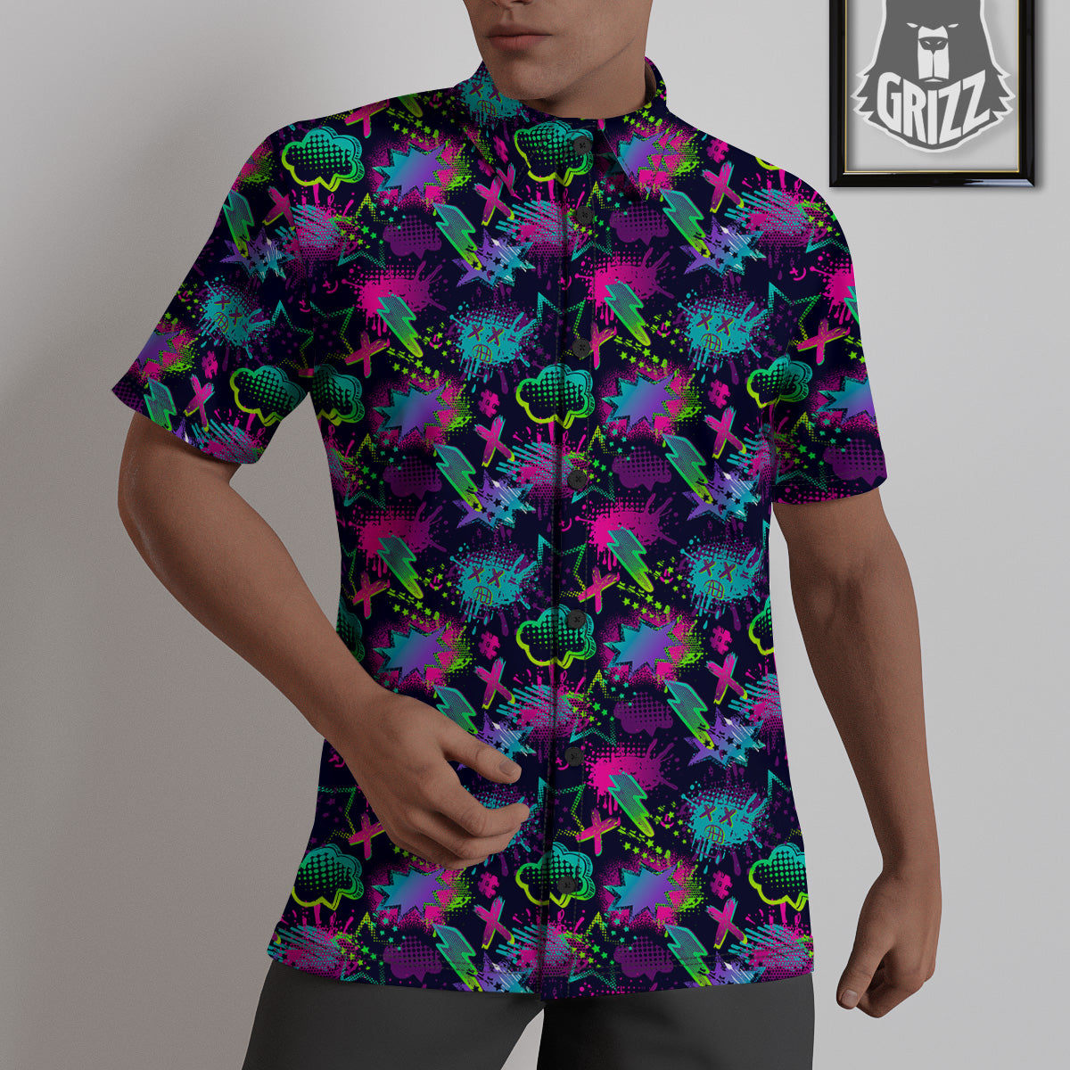 Abstract Graffiti Emoji Print Pattern Untucked Shirts-grizzshop