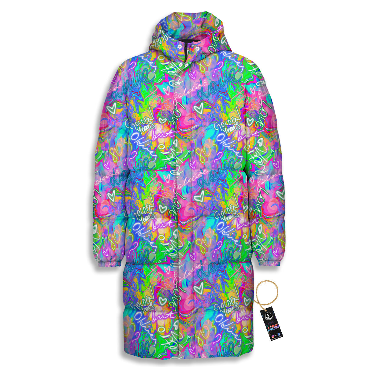 Abstract Graffiti Hand Drawing Neon Retro Print Pattern Long Down Jacket