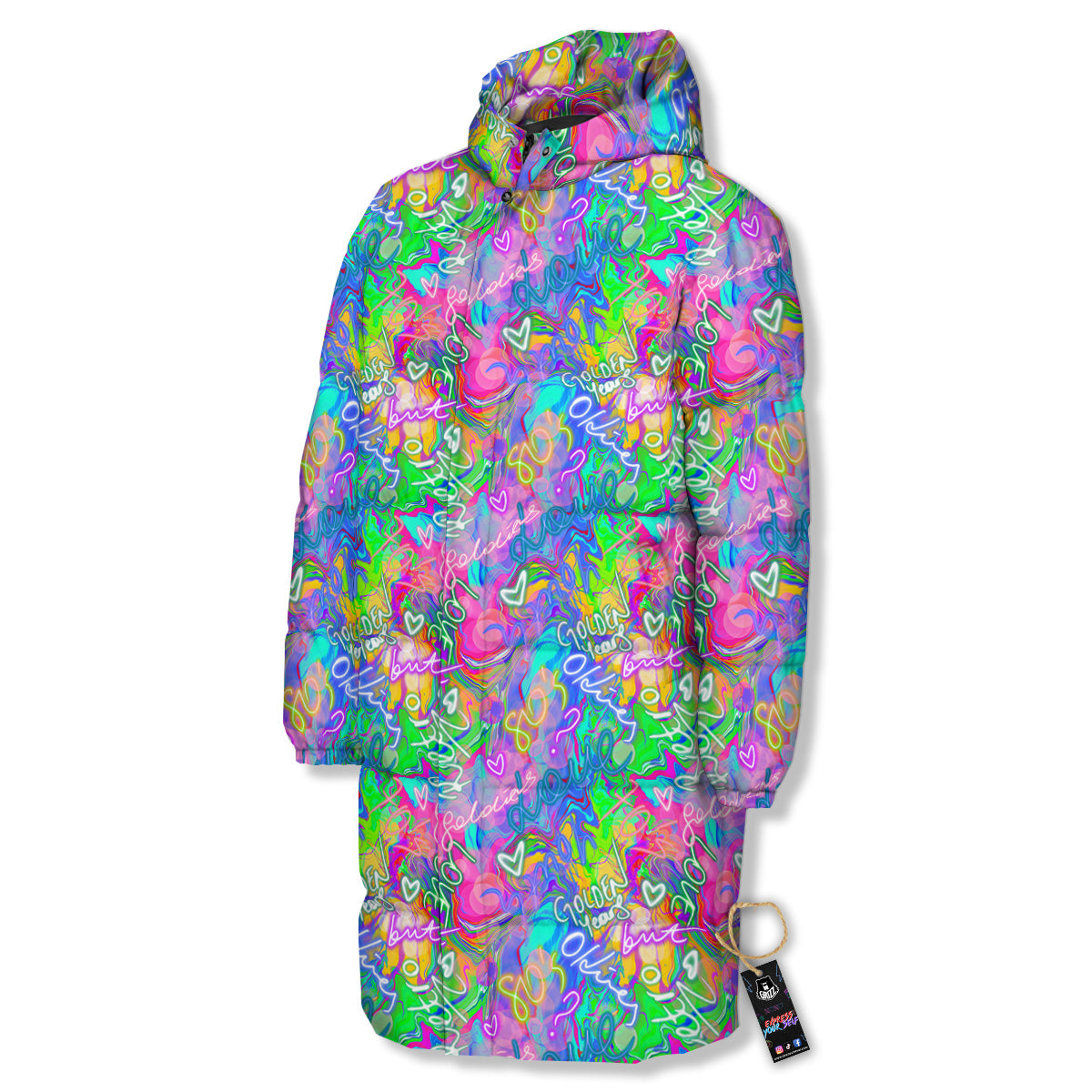 Abstract Graffiti Hand Drawing Neon Retro Print Pattern Long Down Jacket