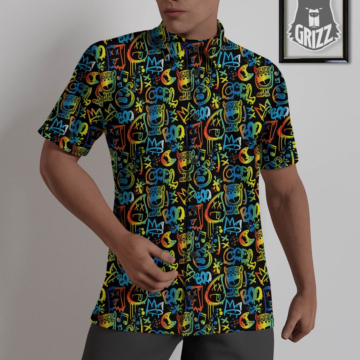 Abstract Graffiti Neon Monsters Print Pattern Untucked Shirts-grizzshop