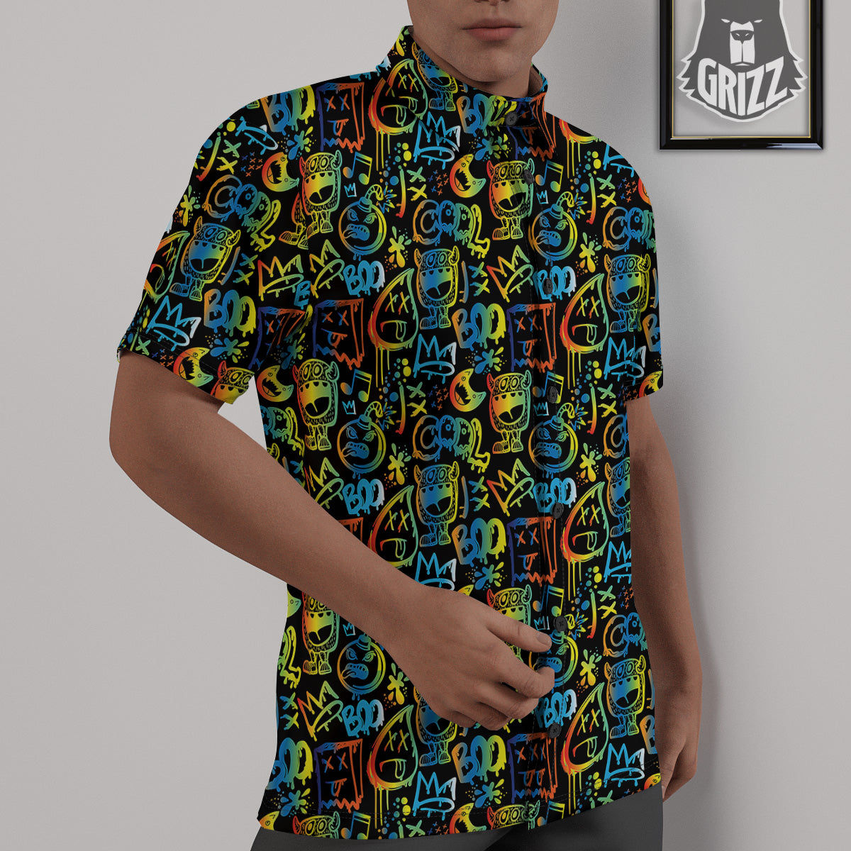 Abstract Graffiti Neon Monsters Print Pattern Untucked Shirts-grizzshop