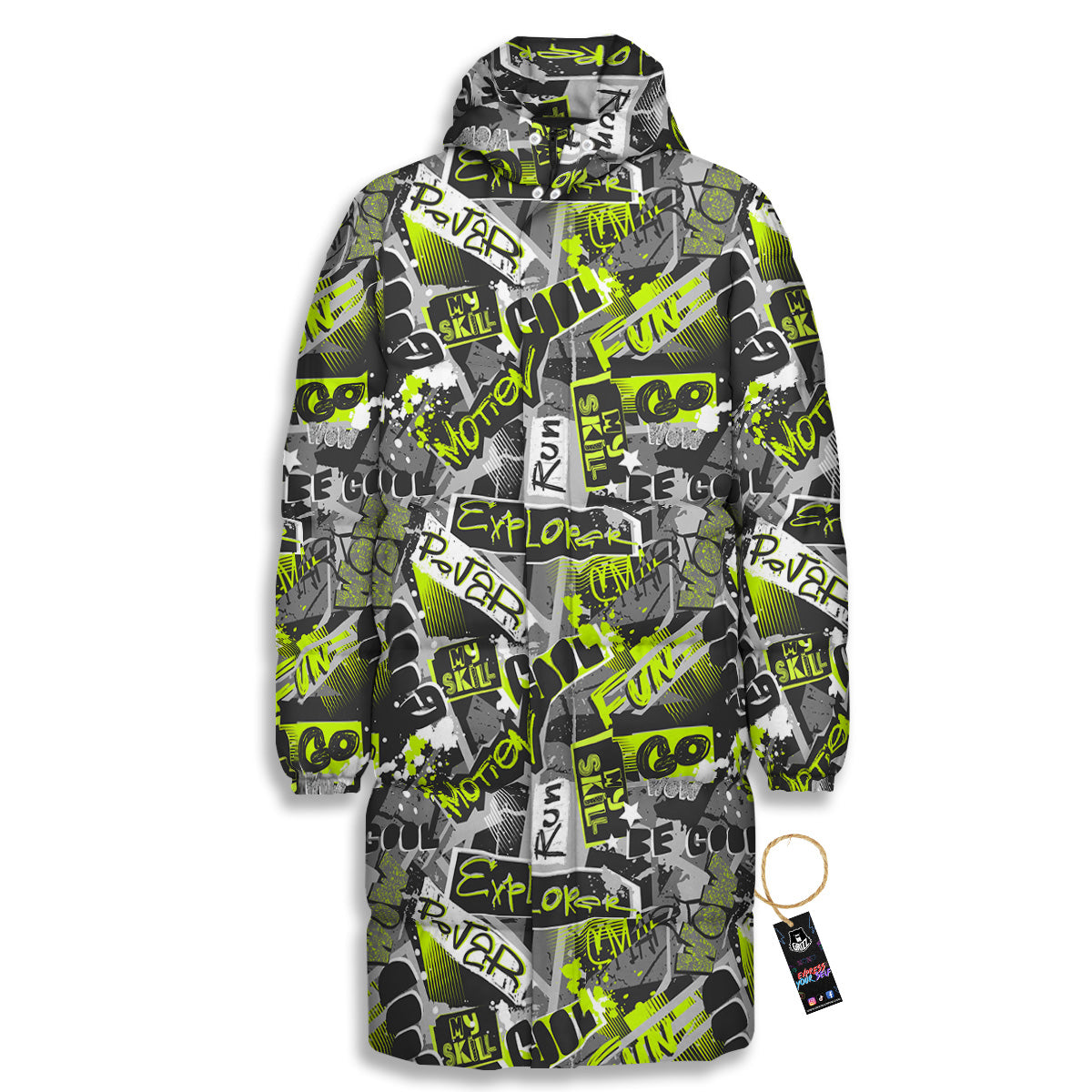 Abstract Grey And Neon Green Graffiti Print Pattern Long Down Jacket