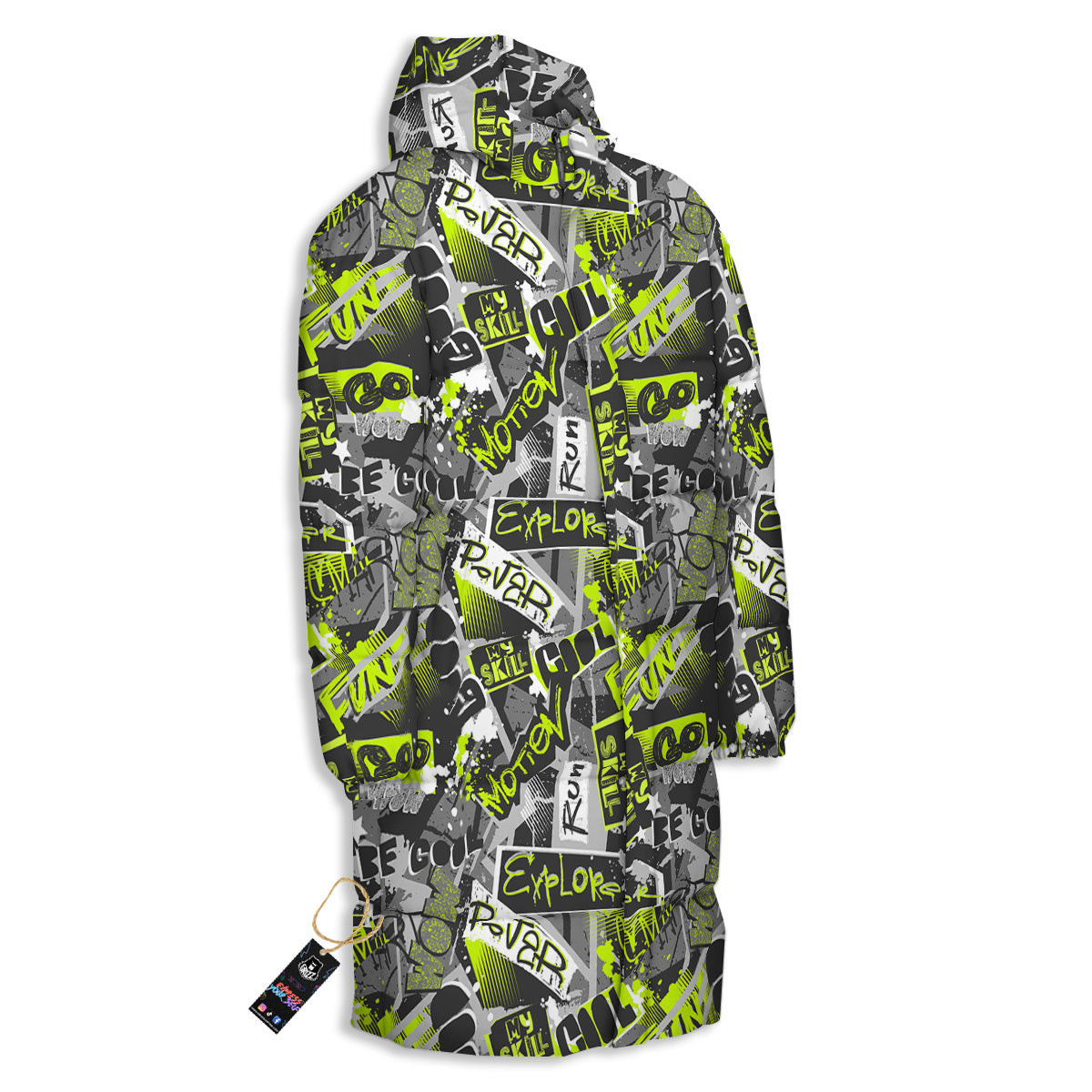 Abstract Grey And Neon Green Graffiti Print Pattern Long Down Jacket