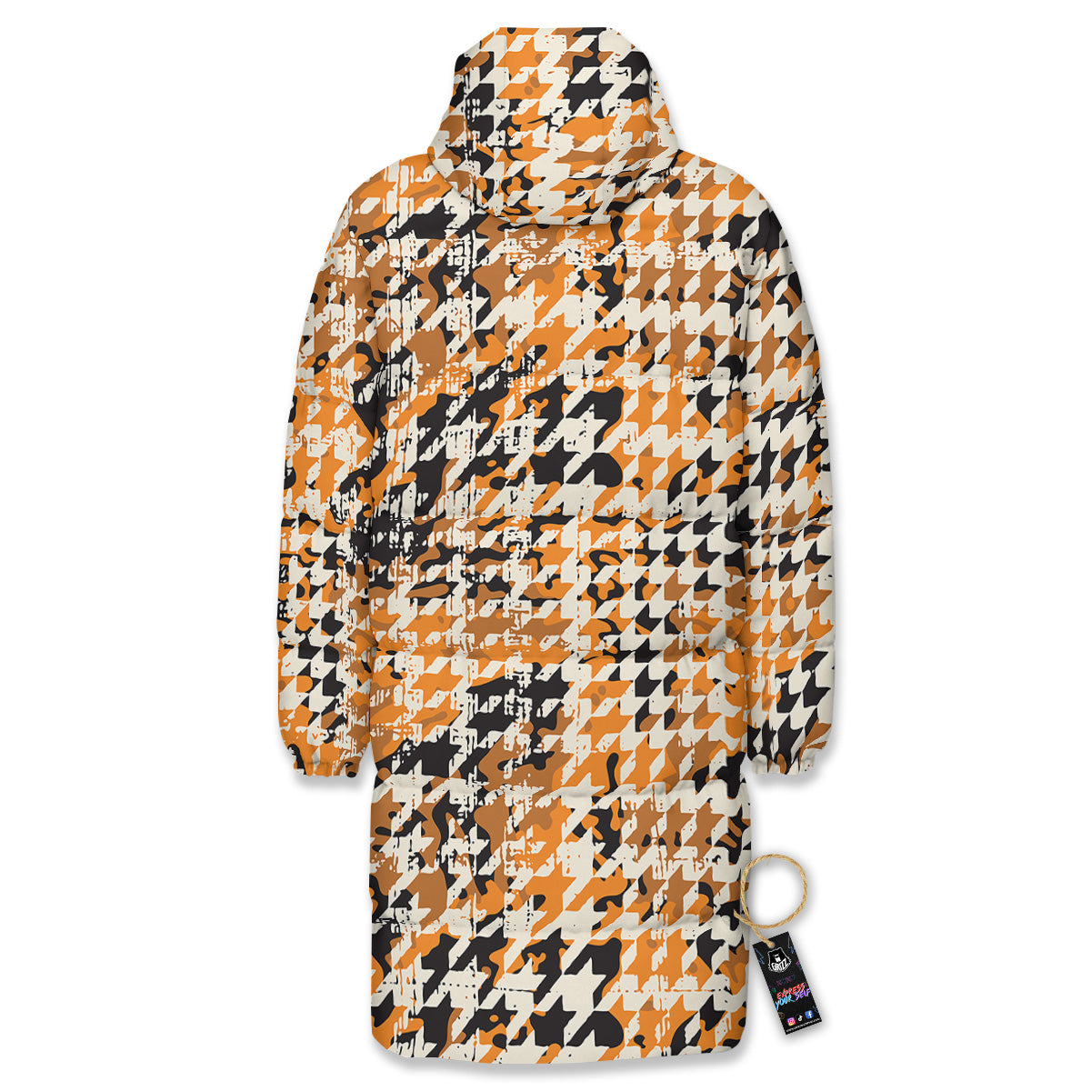 Abstract Grunge Houndstooth Camo Print Pattern Long Down Jacket