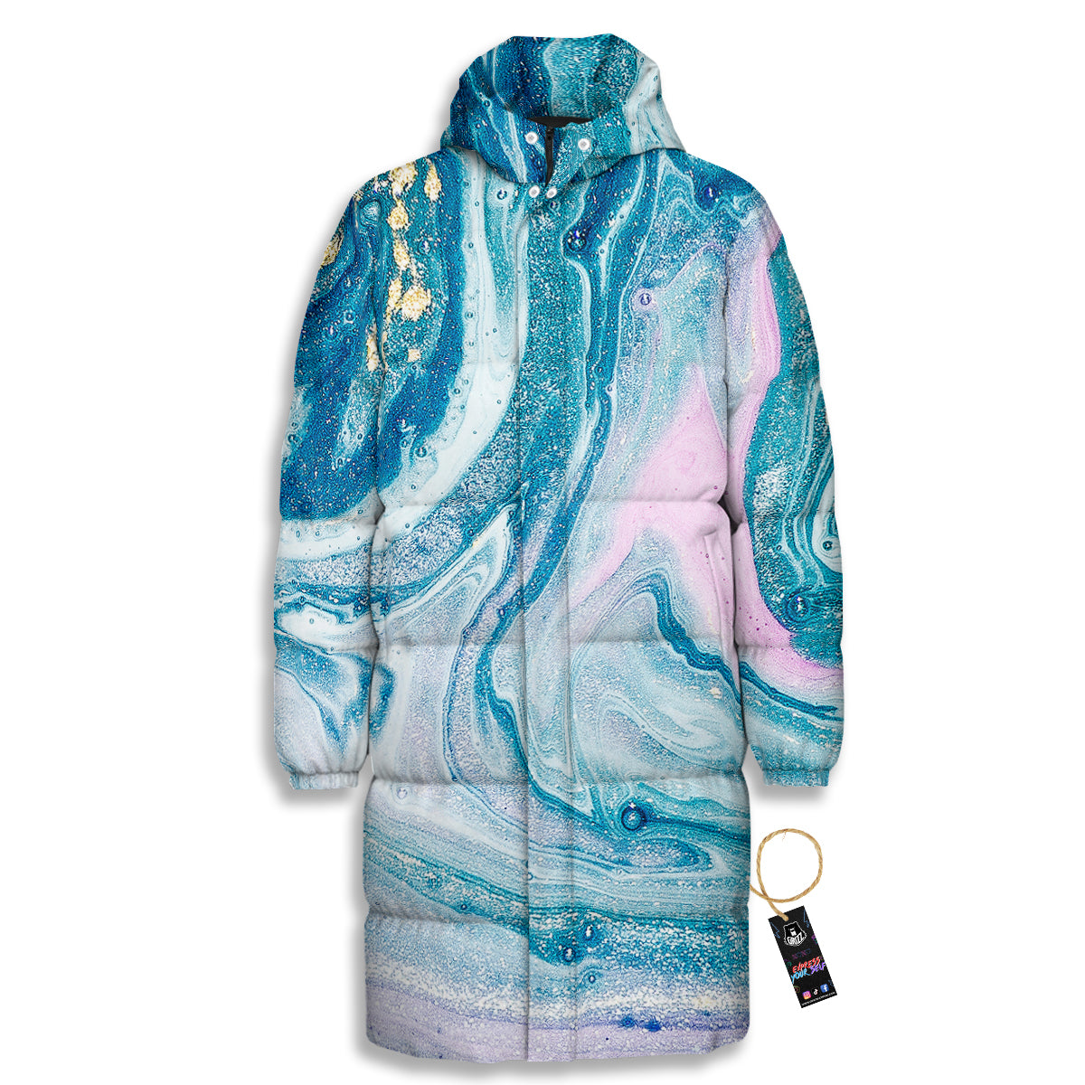 Abstract Ocean Marble Pink Blue Print Long Down Jacket