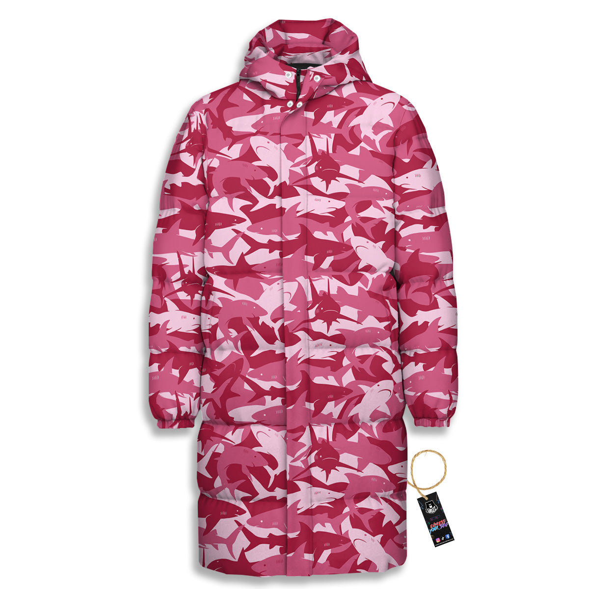 Abstract Pink Shark Camo Print Pattern Long Down Jacket