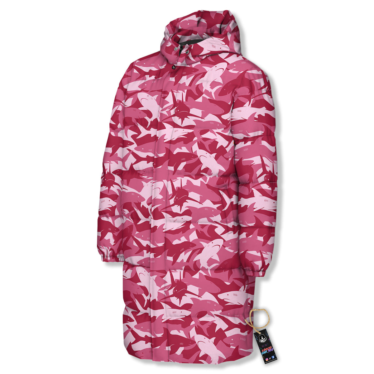 Abstract Pink Shark Camo Print Pattern Long Down Jacket
