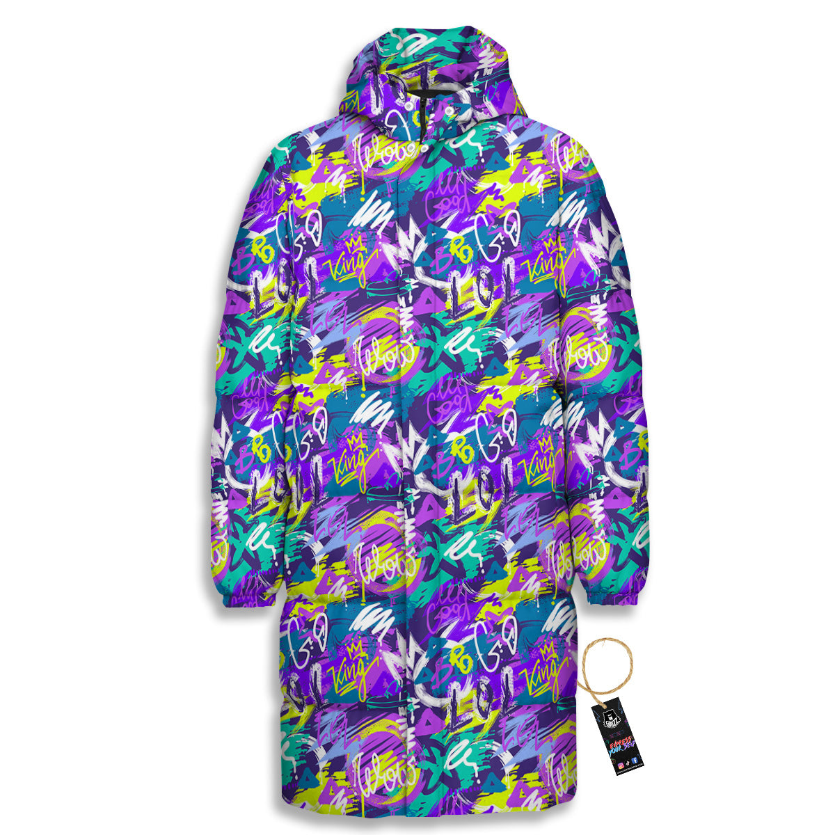 Abstract Purple Graffiti Print Pattern Long Down Jacket-grizzshop