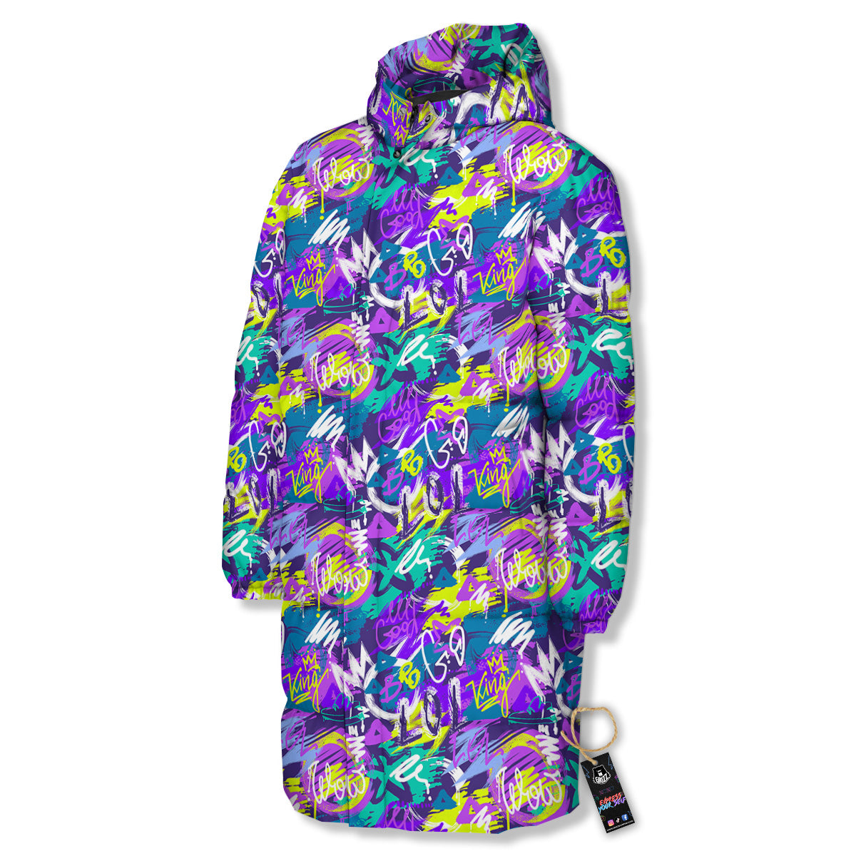 Abstract Purple Graffiti Print Pattern Long Down Jacket-grizzshop