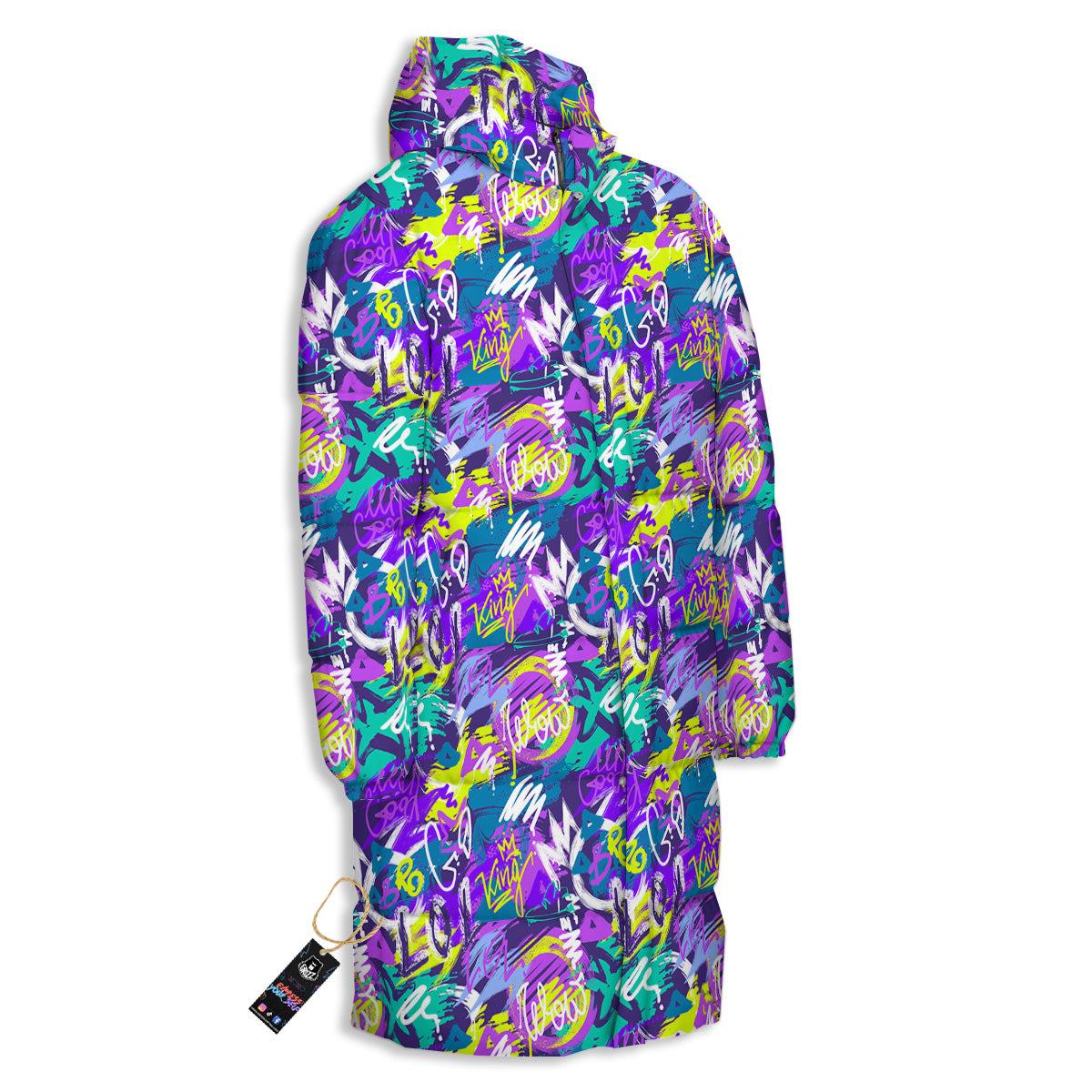 Abstract Purple Graffiti Print Pattern Long Down Jacket-grizzshop