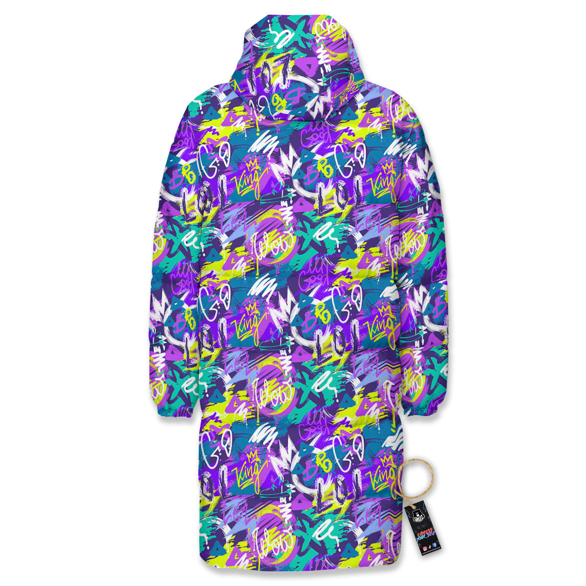 Abstract Purple Graffiti Print Pattern Long Down Jacket-grizzshop