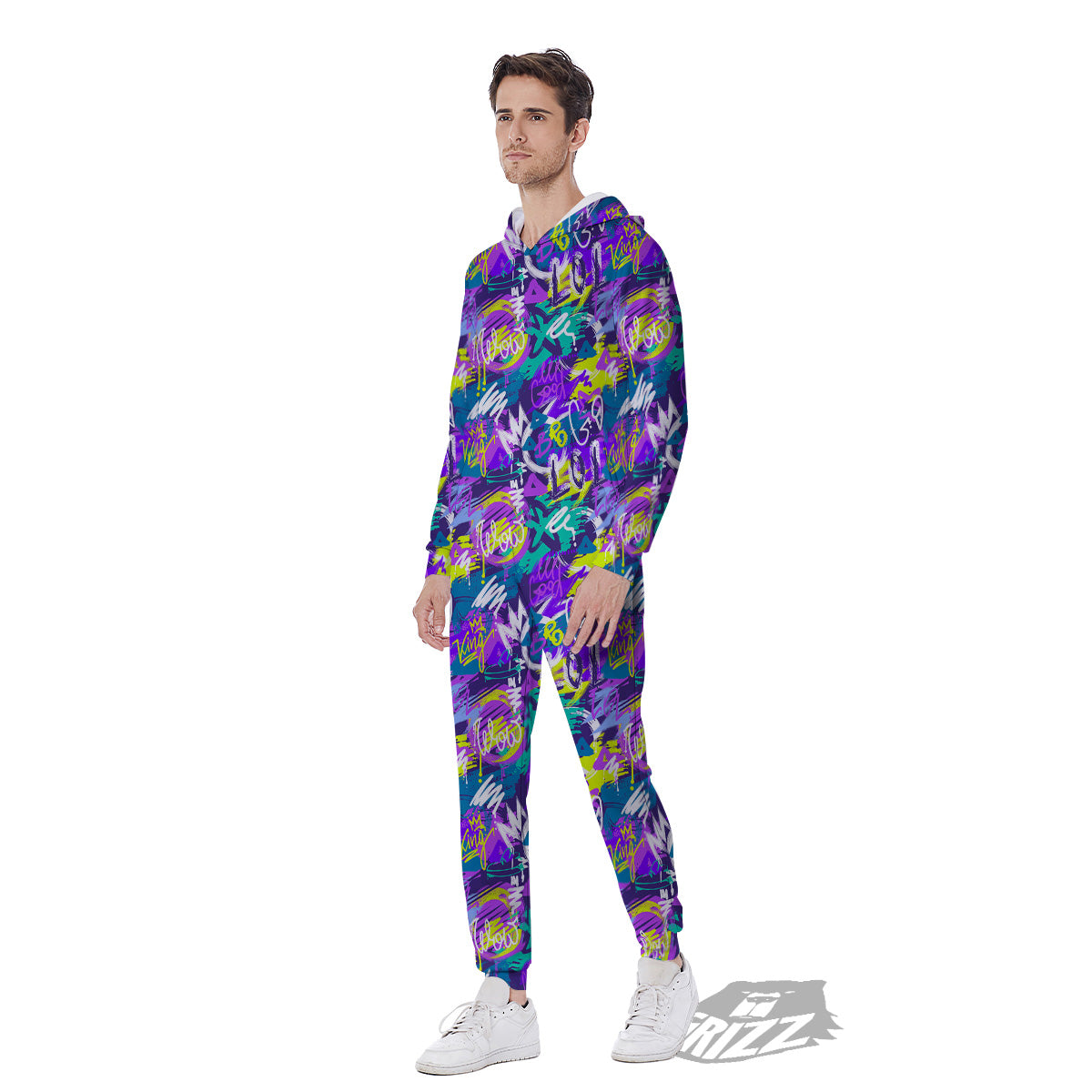 Abstract Purple Graffiti Print Pattern Men's Jumpsuit-grizzshop